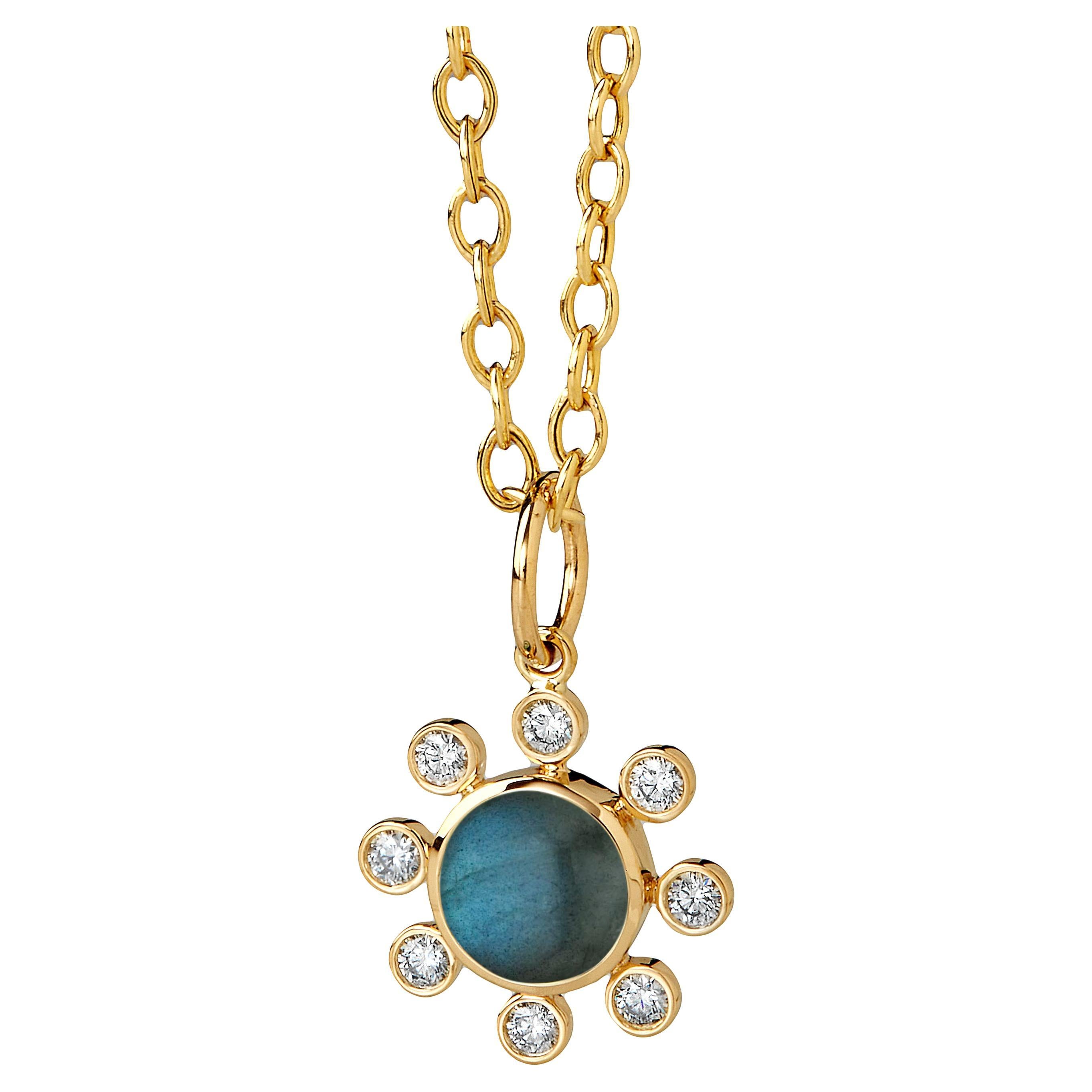 Syna Yellow Gold Labradorite Pendant with Diamonds For Sale