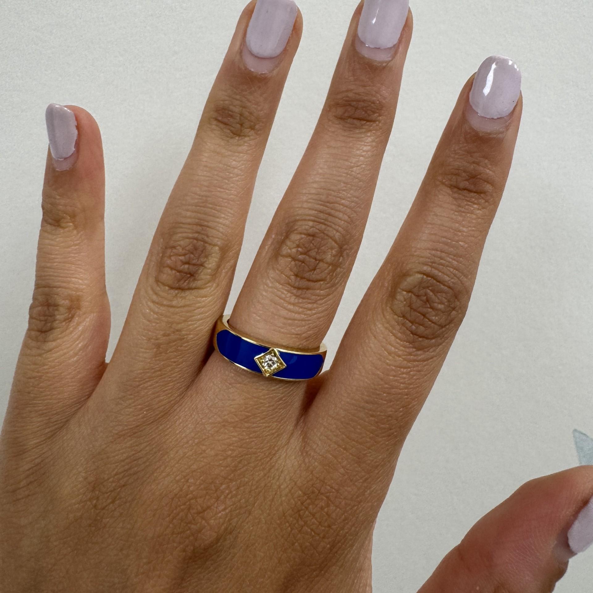 Contemporary Syna Yellow Gold Lapis Blue Enamel Band with Diamond For Sale