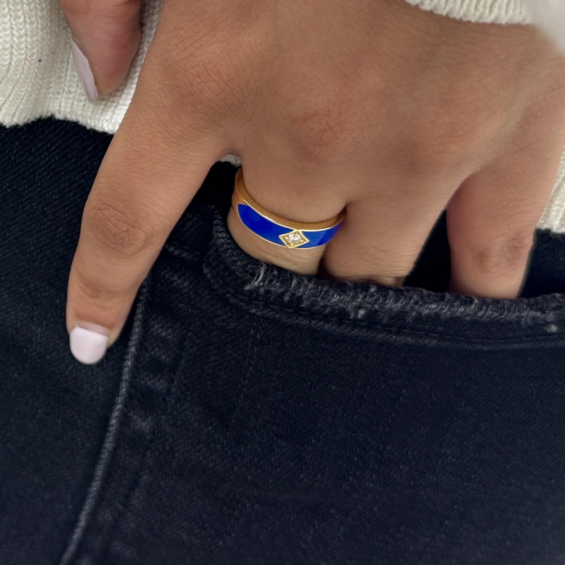 Women's Syna Yellow Gold Lapis Blue Enamel Band with Diamond For Sale