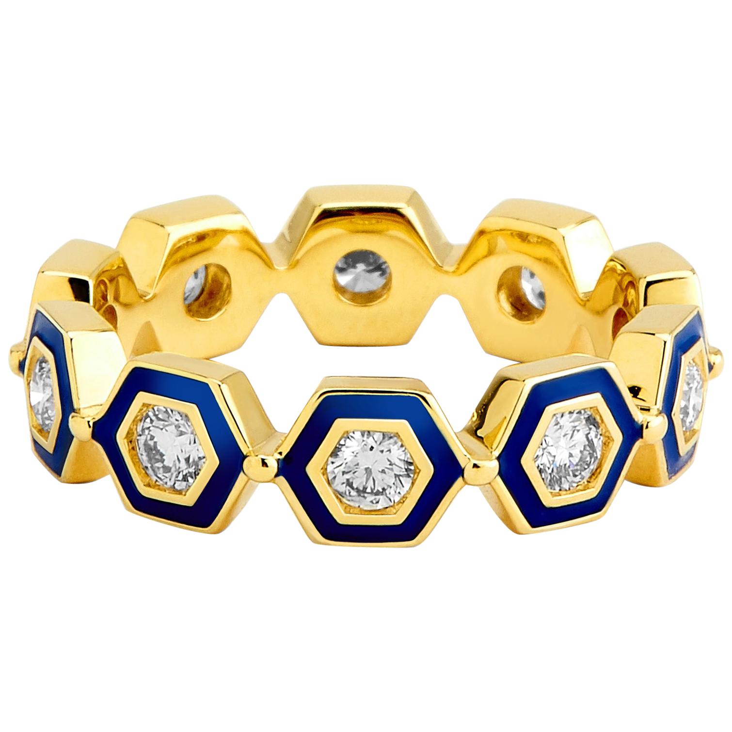 Syna Bague en or jaune et émail bleu lapis avec diamants