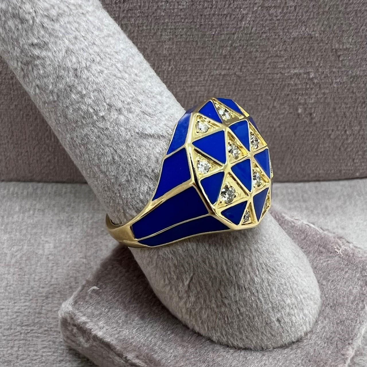 Contemporary Syna Yellow Gold Lapis Blue Enamel Ring with Diamonds For Sale