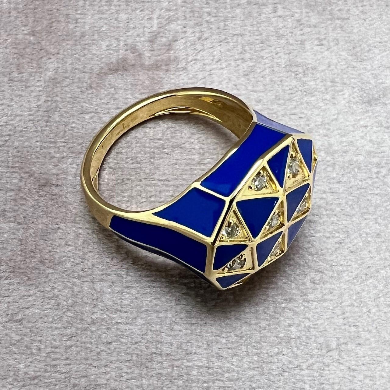 Mixed Cut Syna Yellow Gold Lapis Blue Enamel Ring with Diamonds For Sale