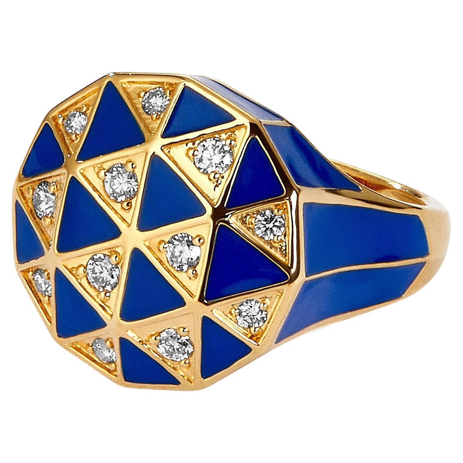 Syna Yellow Gold Lapis Blue Enamel Ring with Diamonds For Sale