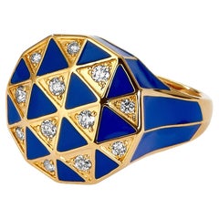 Syna Gelbgold Lapislazuli Blauer Emaille-Ring mit Diamanten