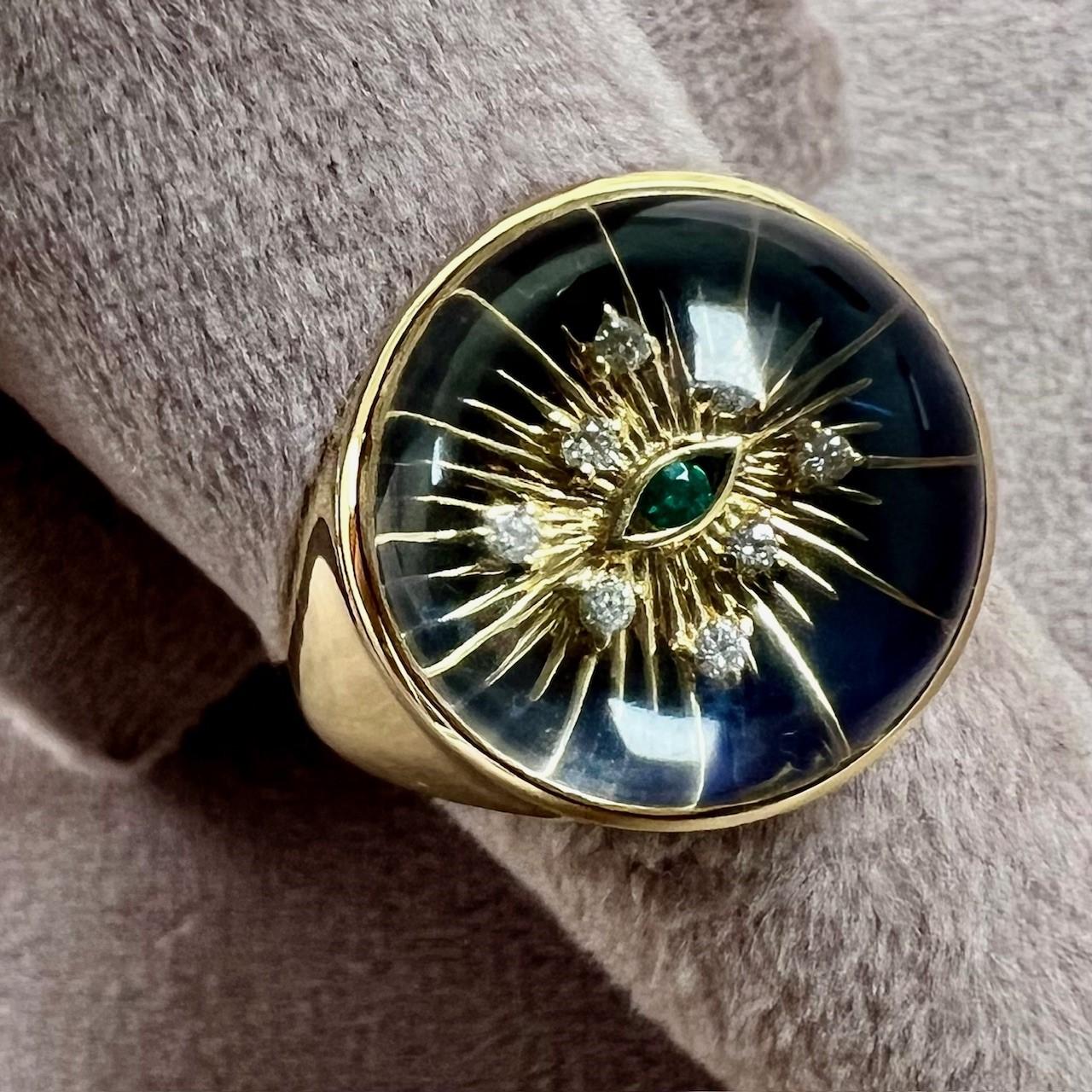 Syna Gelbgold Lapisblauer Emaille-Ring mit Smaragd, Kristall und Diamanten (Zeitgenössisch)