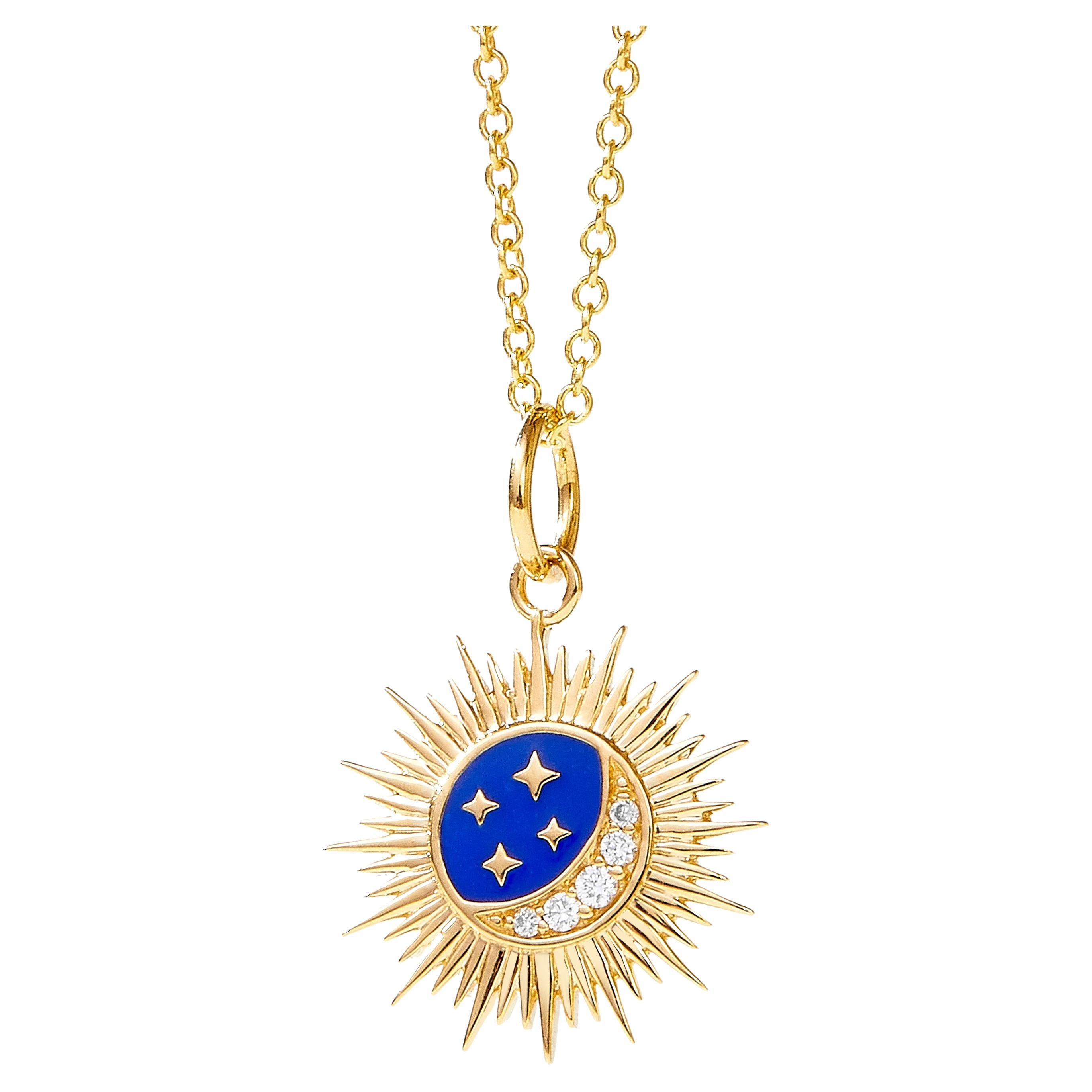 Pendentif cosmique Syna en or jaune, lapis et émail avec diamants