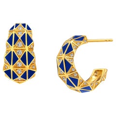 Syna Yellow Gold Lapis Enamel Earrings with Champagne Diamonds