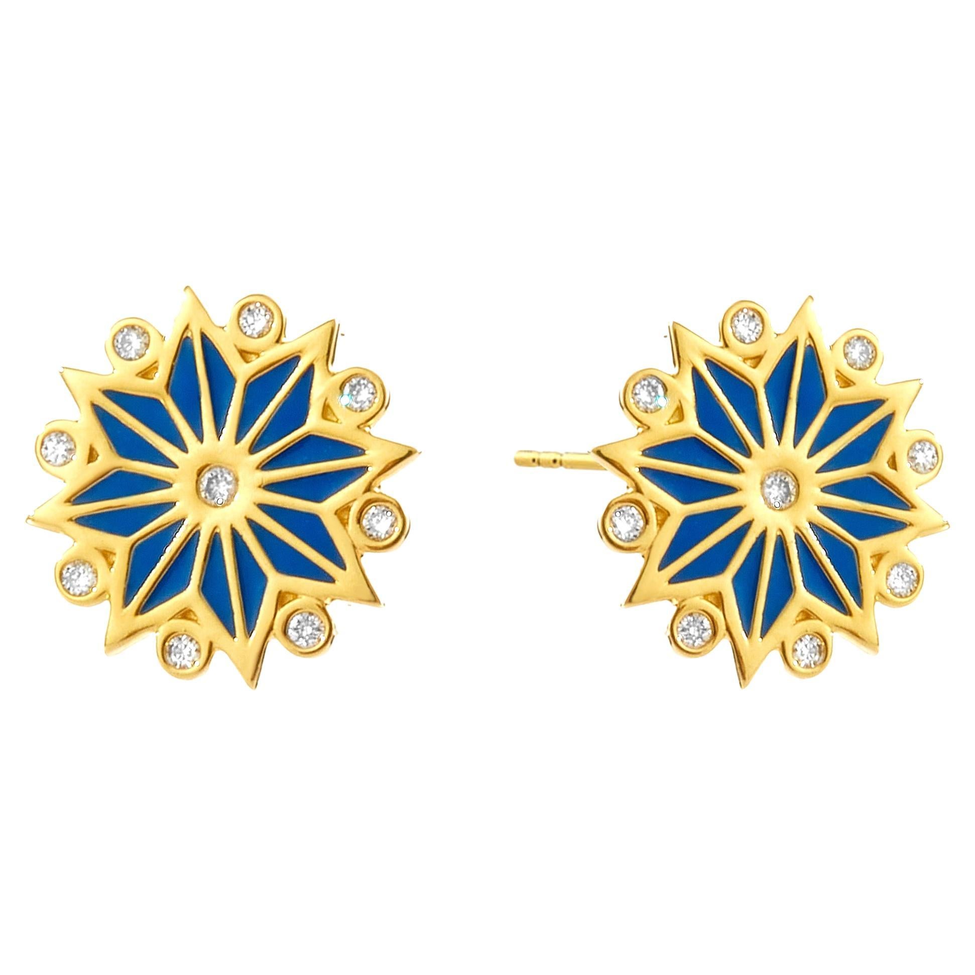 Syna Yellow Gold Lapis Enamel Earrings with Diamonds For Sale