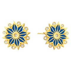 Syna Yellow Gold Lapis Enamel Earrings with Diamonds