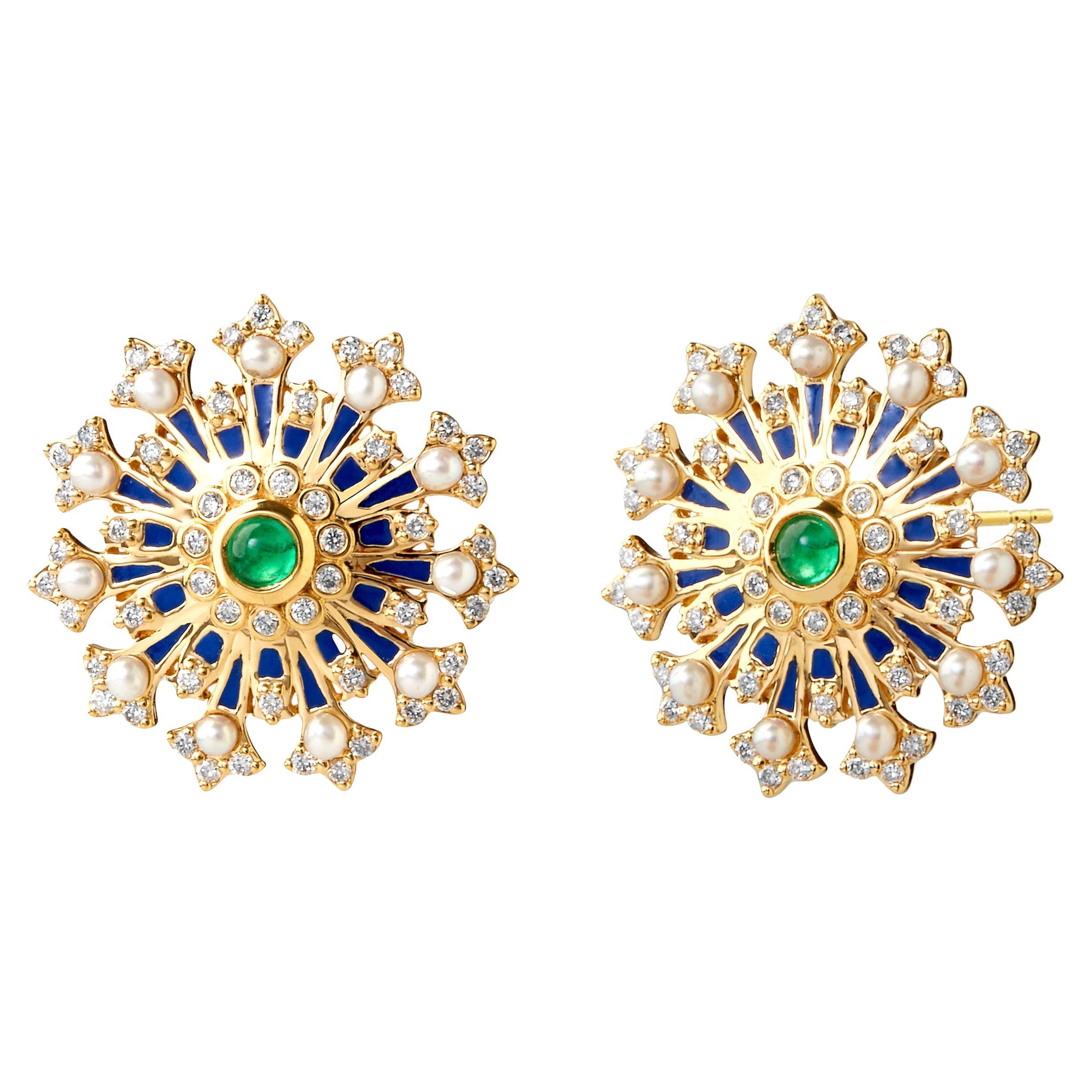 Syna Yellow Gold Lapis Enamel Earrings with Emerald, Pearl & Diamonds For Sale