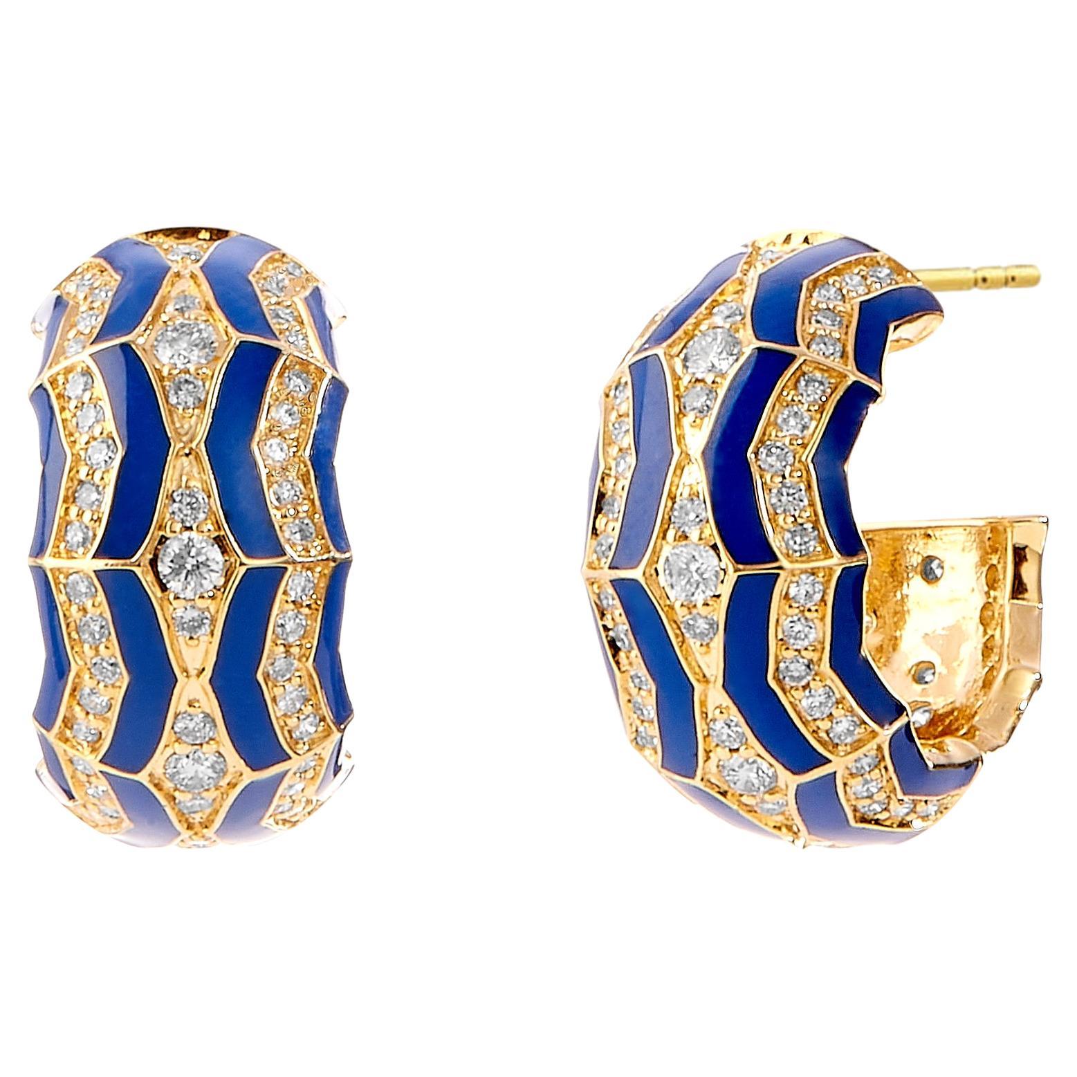 Syna Yellow Gold Lapis Enamel Hoop Earrings with Diamonds For Sale