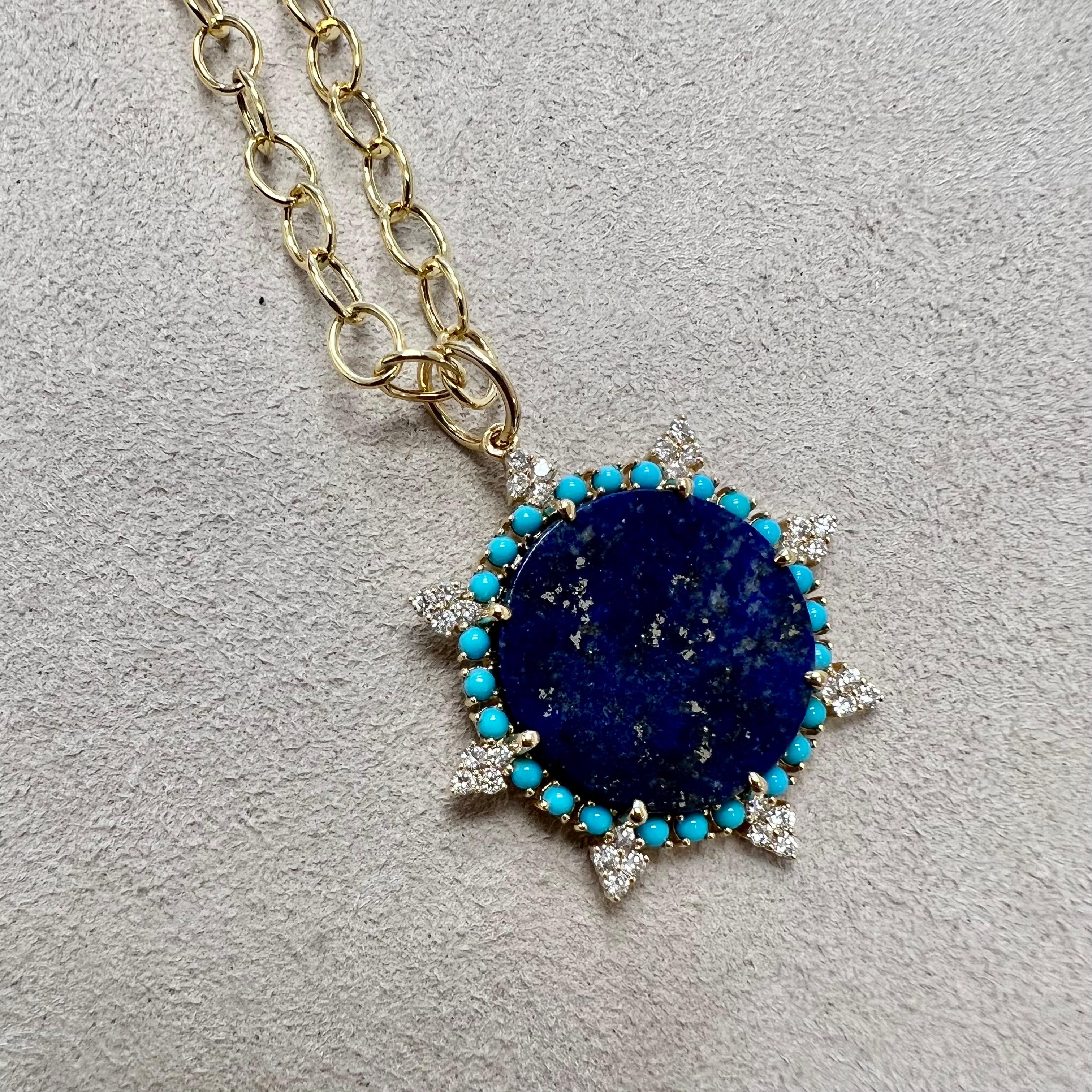 Contemporary Syna Yellow Gold Lapis Lazuli and Turquoise Pendant with Diamonds