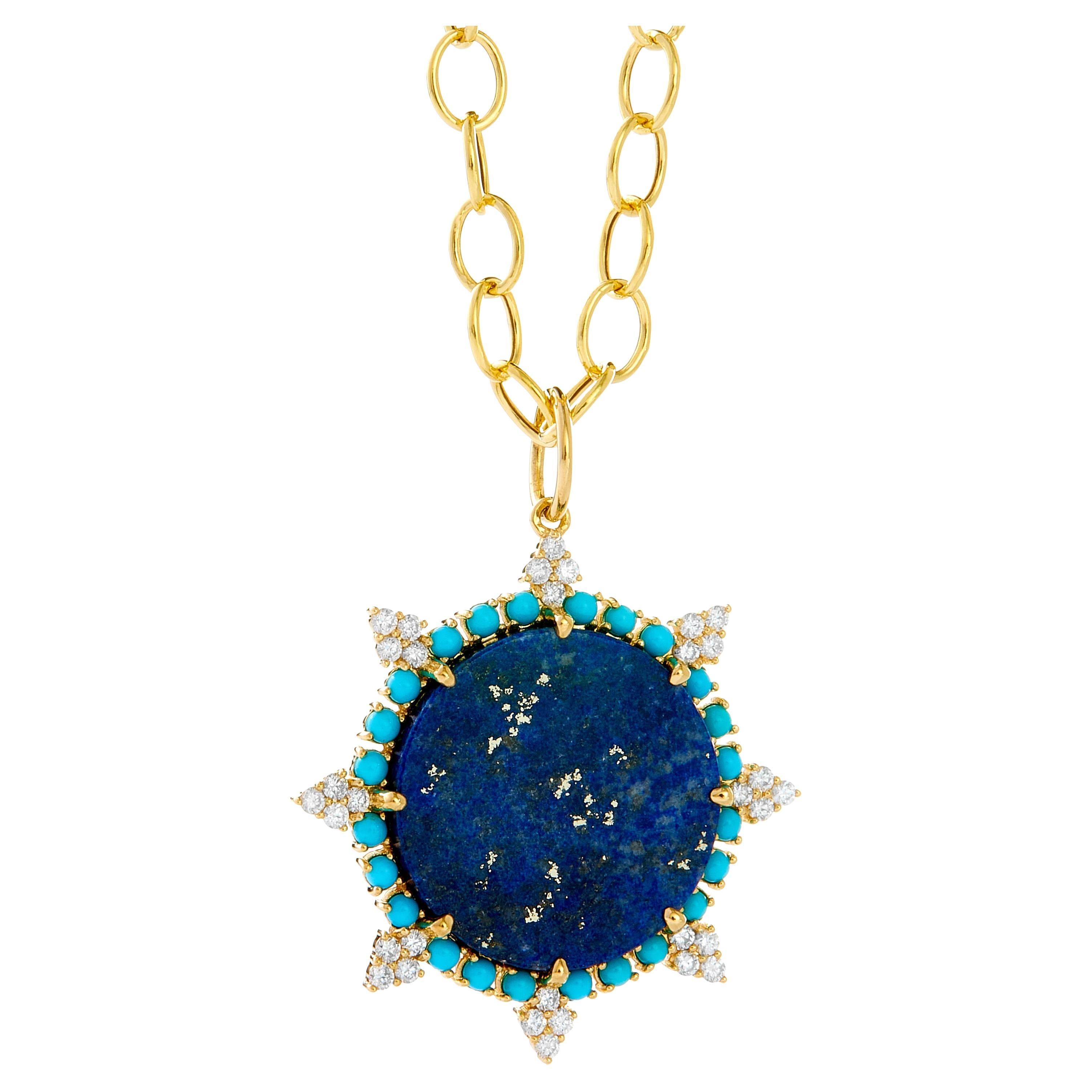 Syna Yellow Gold Lapis Lazuli and Turquoise Pendant with Diamonds