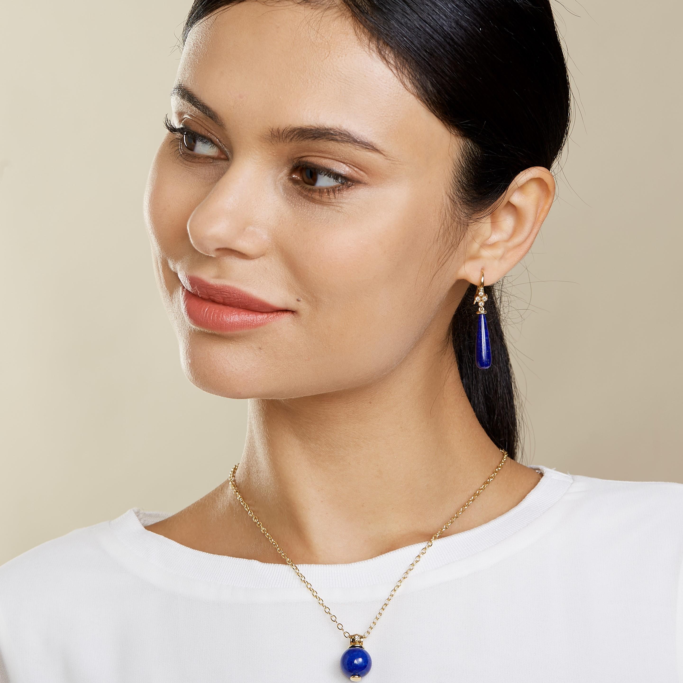 Round Cut Syna Yellow Gold Lapis Lazuli Drop Earrings with Diamonds For Sale