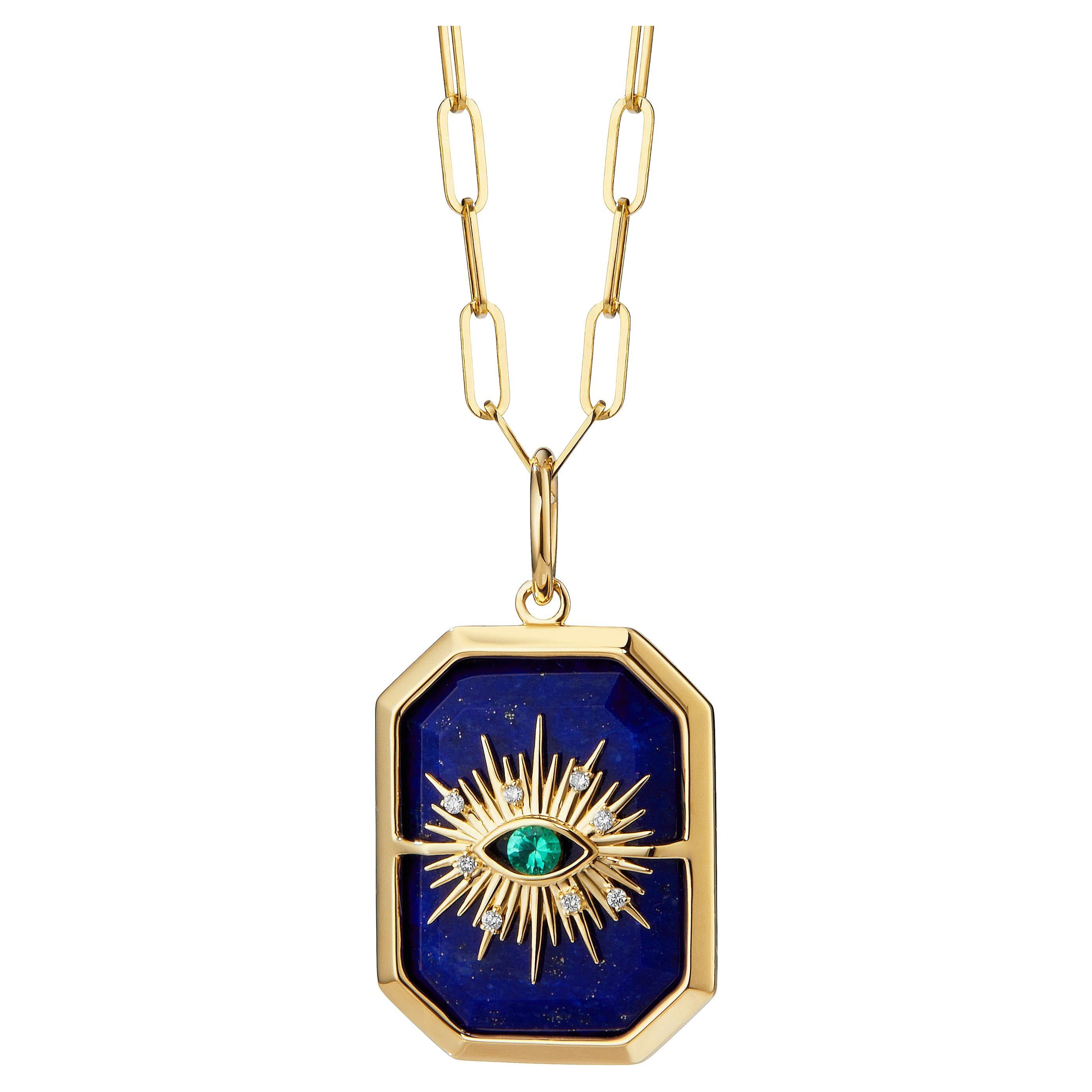 Syna Yellow Gold Lapis Lazuli Evil Eye Pendant with Emerald and Diamonds For Sale