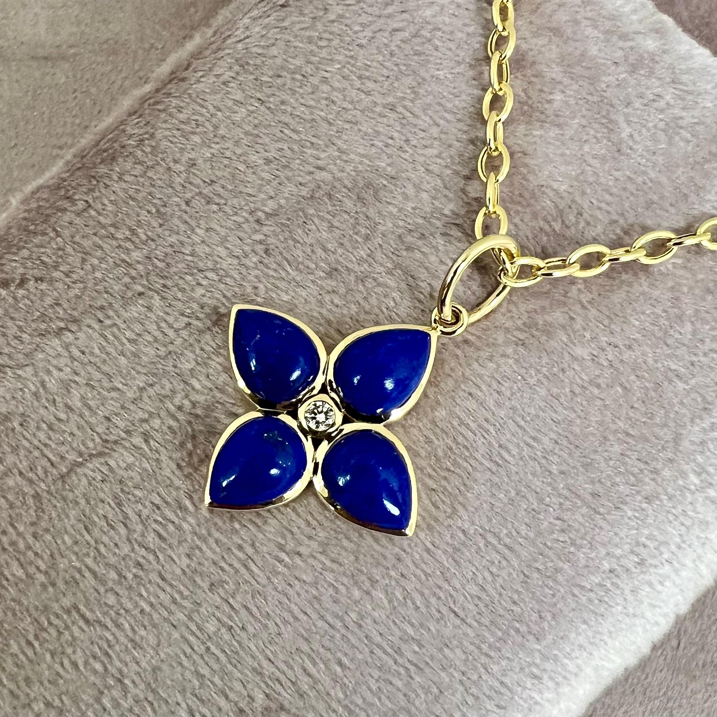 Contemporary Syna Yellow Gold Lapis Lazuli Flower Pendant with Diamond For Sale