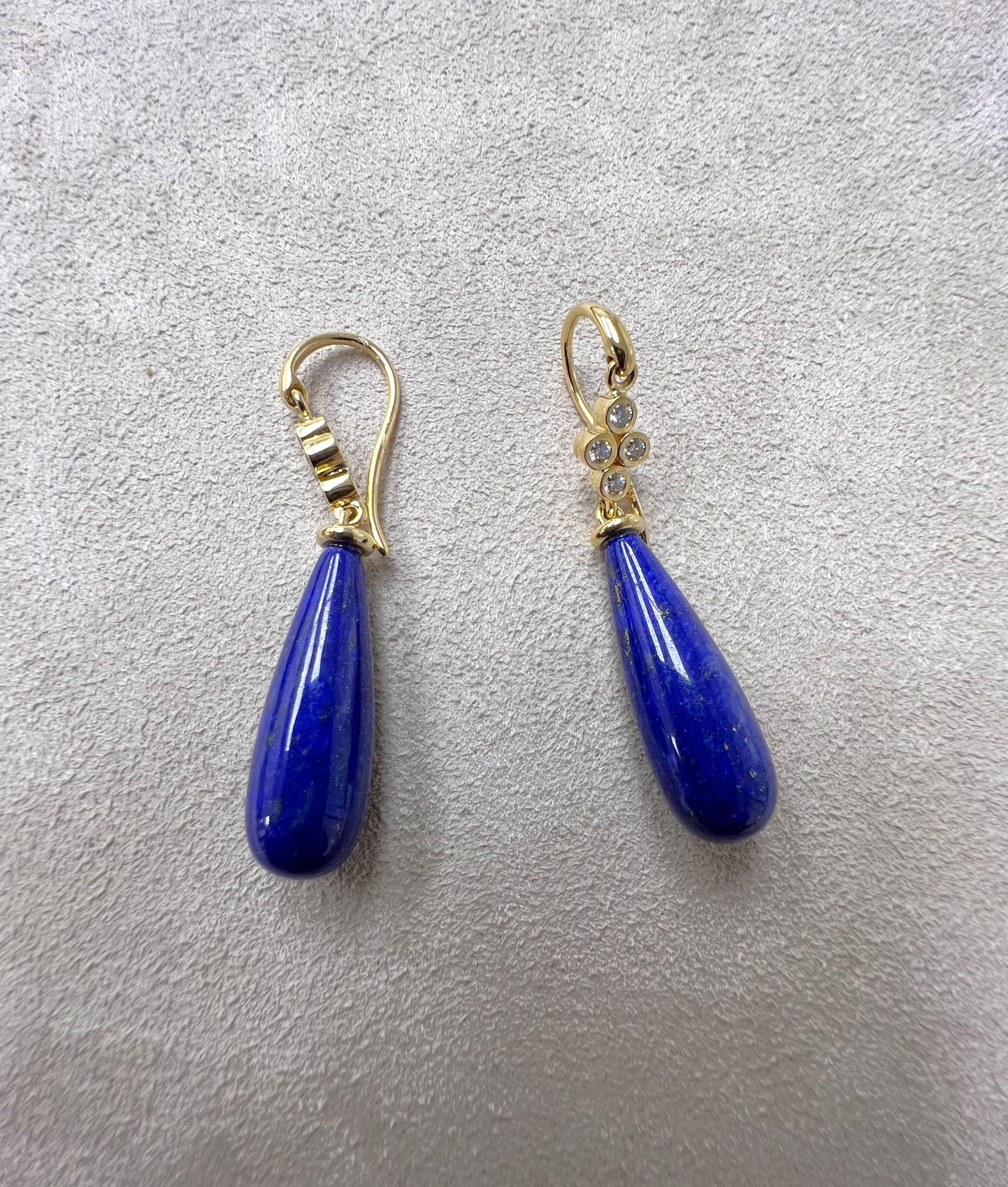 Contemporary Syna Yellow Gold Lapis Lazuli Long Drop Earrings with Diamonds For Sale