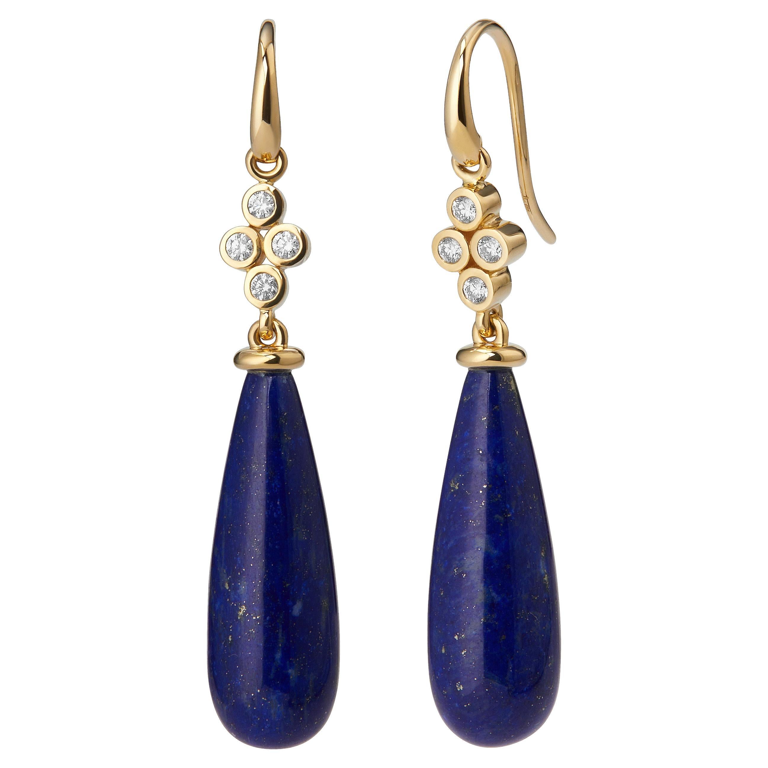 Syna Yellow Gold Lapis Lazuli Long Drop Earrings with Diamonds For Sale