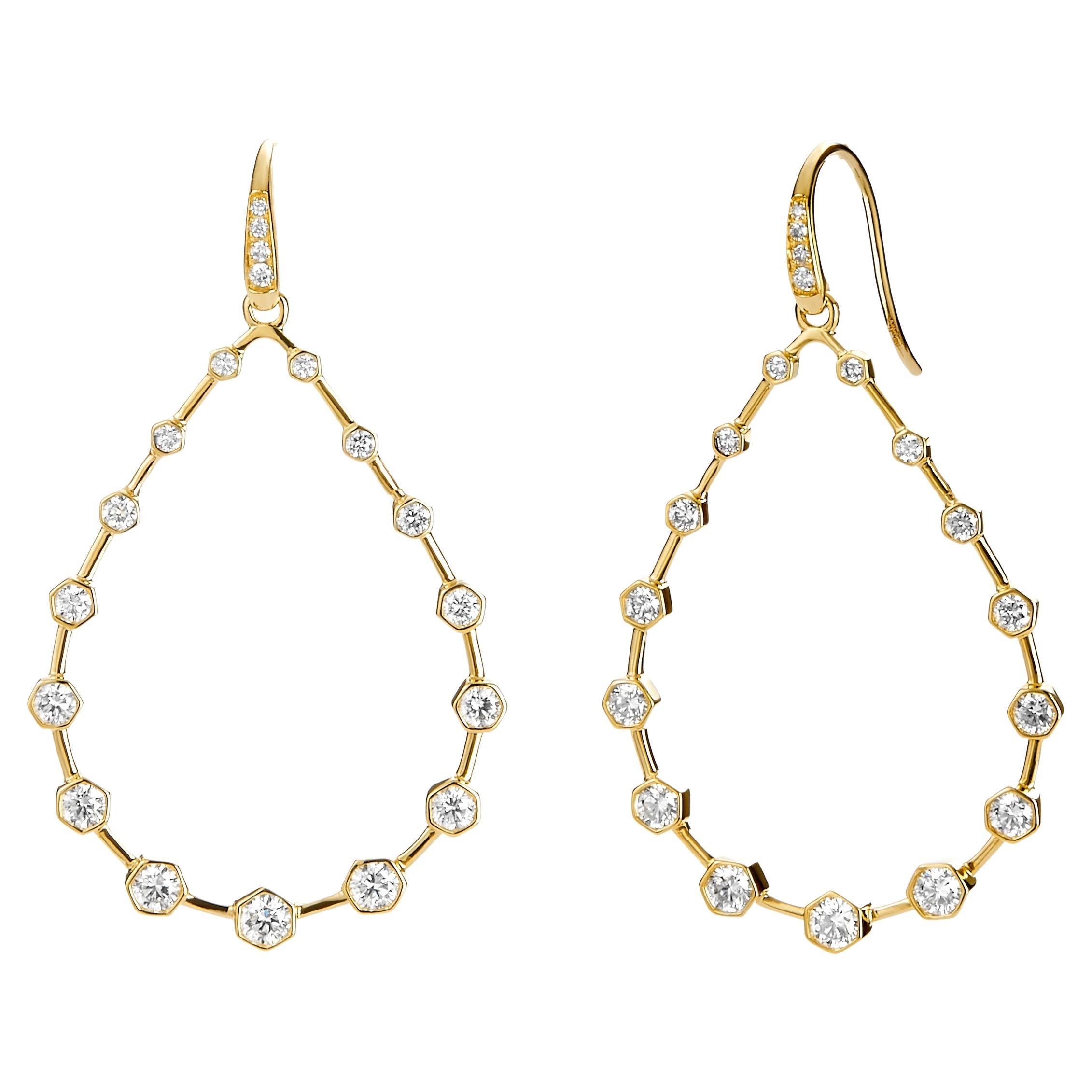 Syna Yellow Gold Large Hex Earrings with Diamonds For Sale