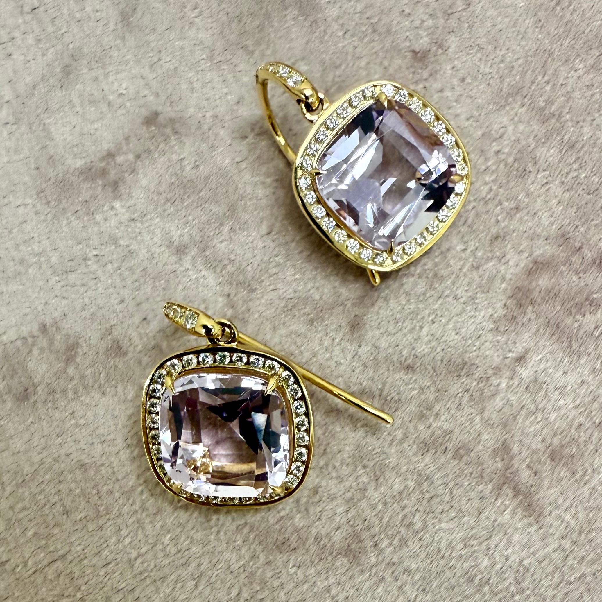 Cushion Cut Syna Yellow Gold Lavender Amethyst Earrings with Diamonds