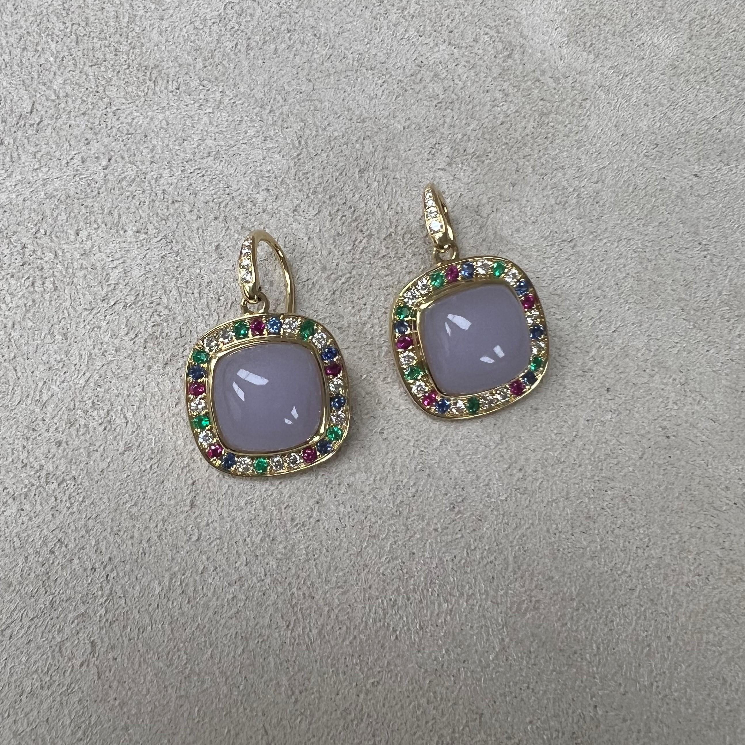Contemporary Syna Yellow Gold Lavender Flourite Earrings with Emerald, Ruby and Sapphire For Sale