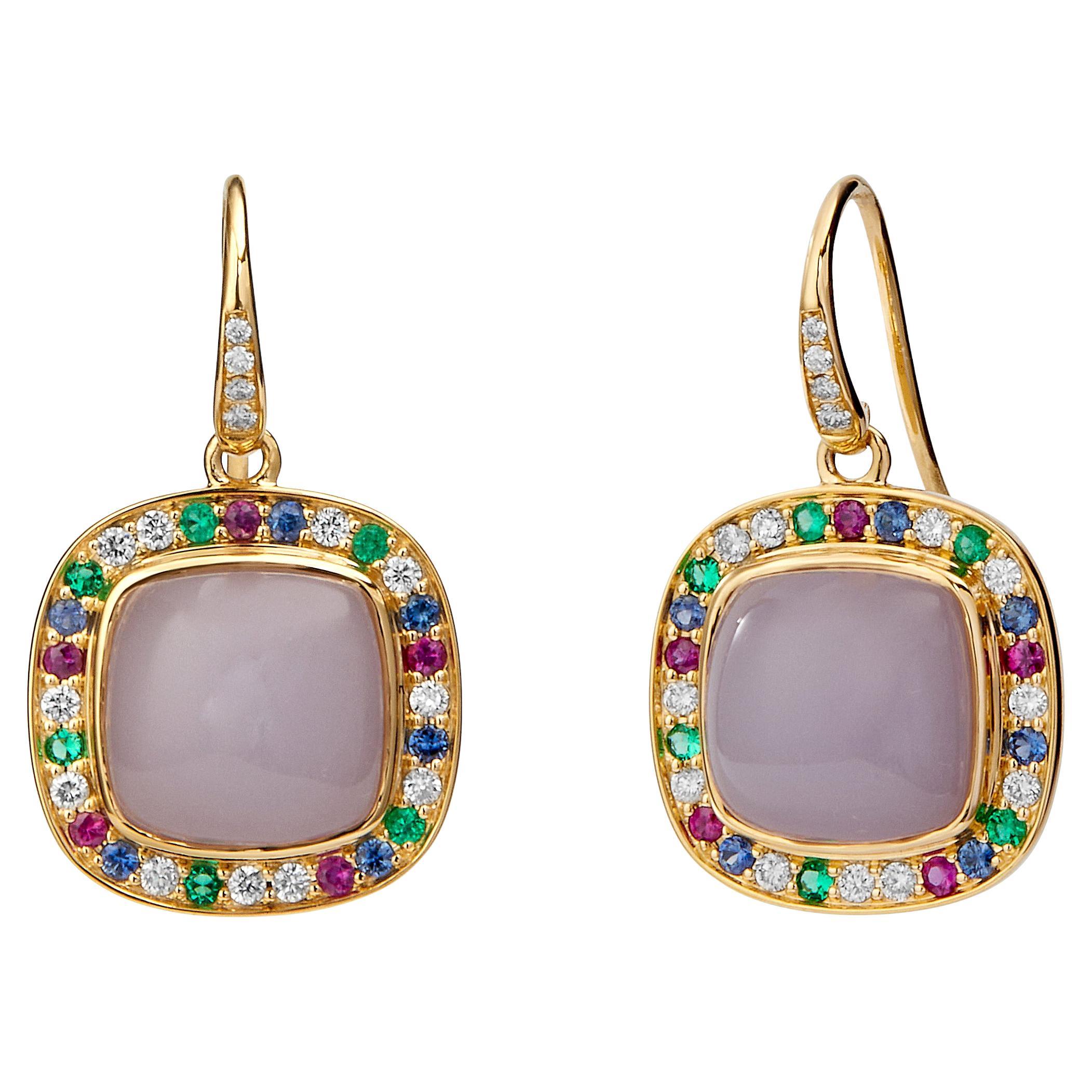 Syna Yellow Gold Lavender Flourite Earrings with Emerald, Ruby and Sapphire For Sale