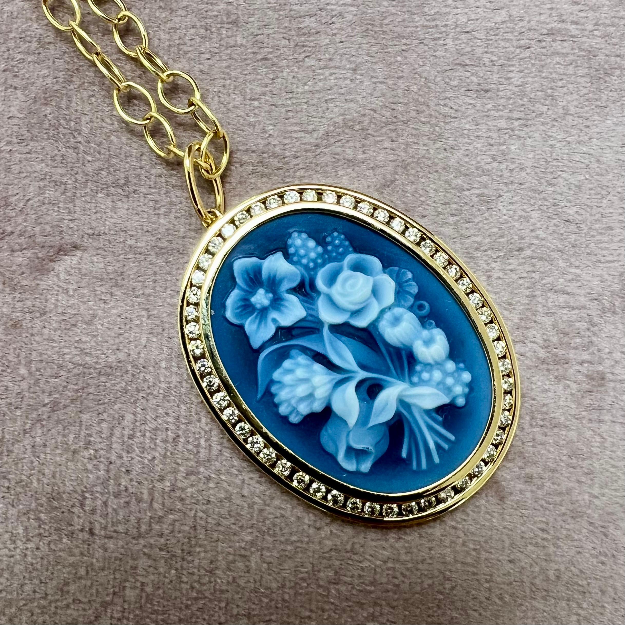 Contemporary Syna Yellow Gold Limited Edition Flower Bunch Cameo Pendant with Diamonds For Sale