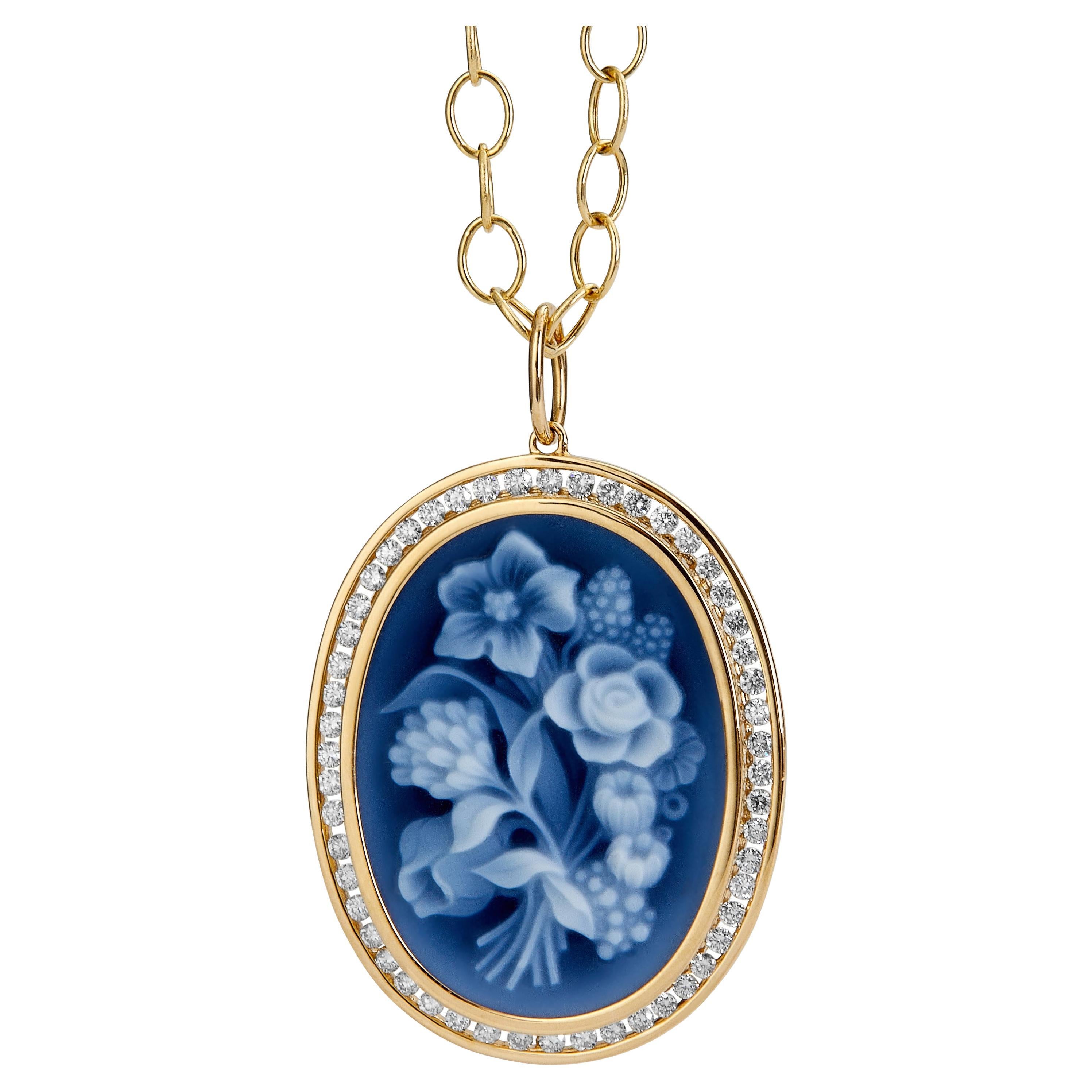 Syna Yellow Gold Limited Edition Flower Bunch Cameo Pendant with Diamonds For Sale