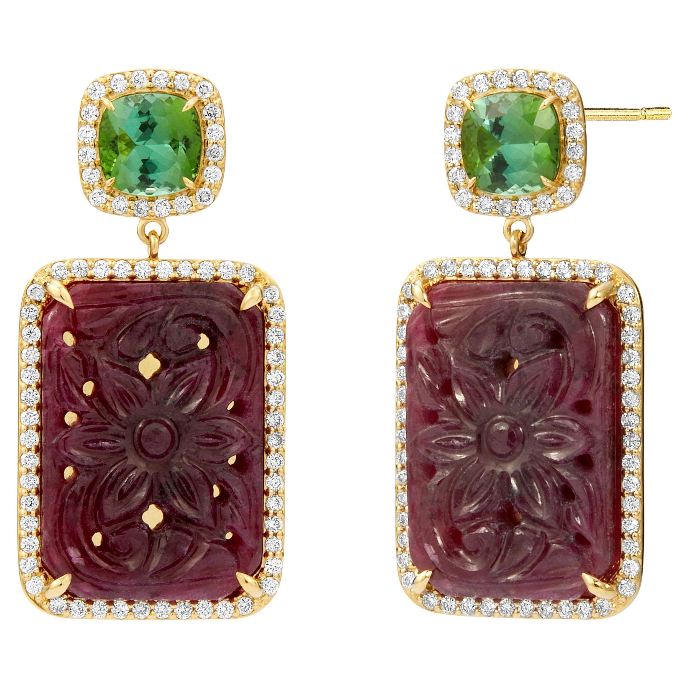Syna Yellow Gold Limited Edition Green Tourmaline, Rubies and Diamond Earrings For Sale