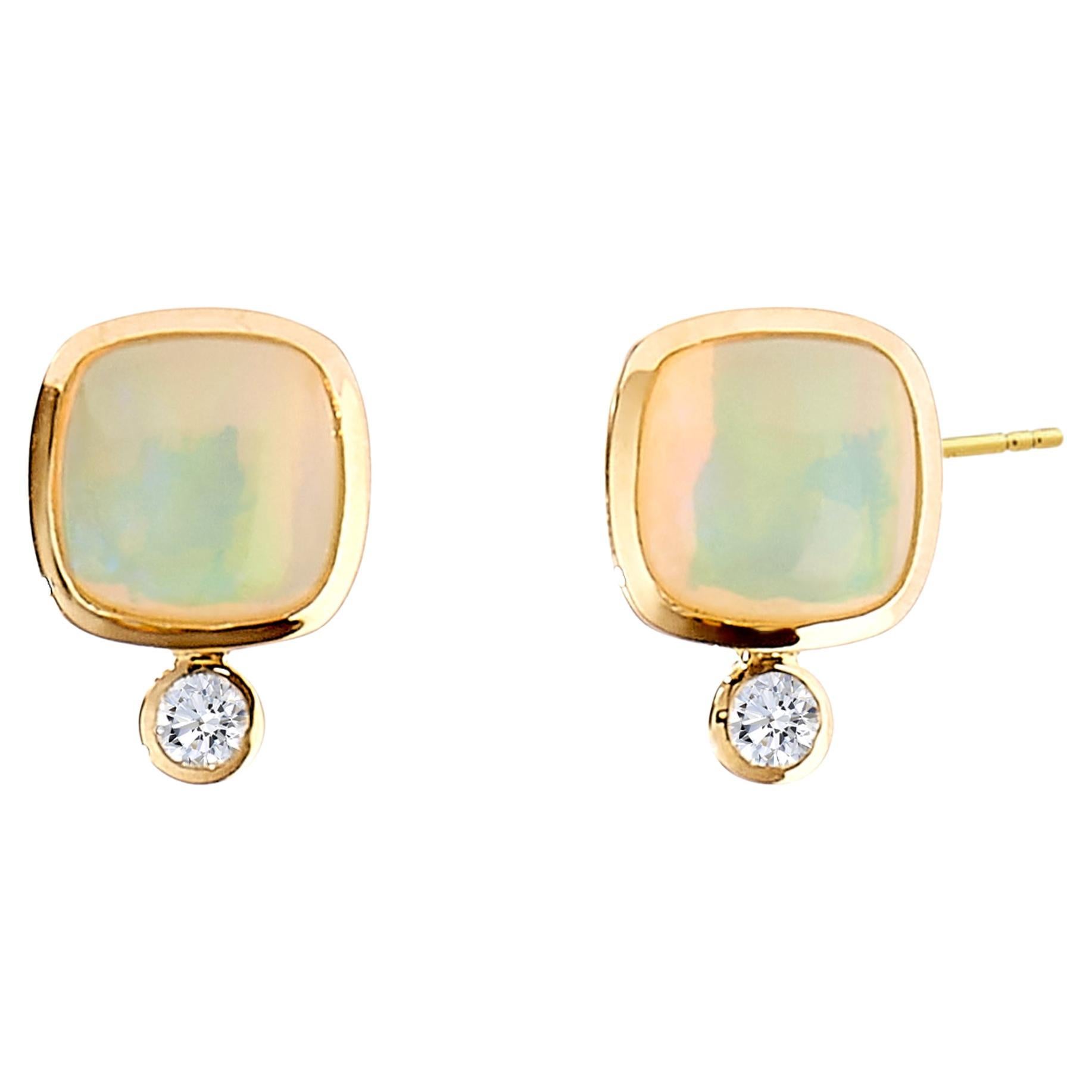 Syna Yellow Gold Limited Edition Opal Sugarloaf Earrings with Diamonds For Sale