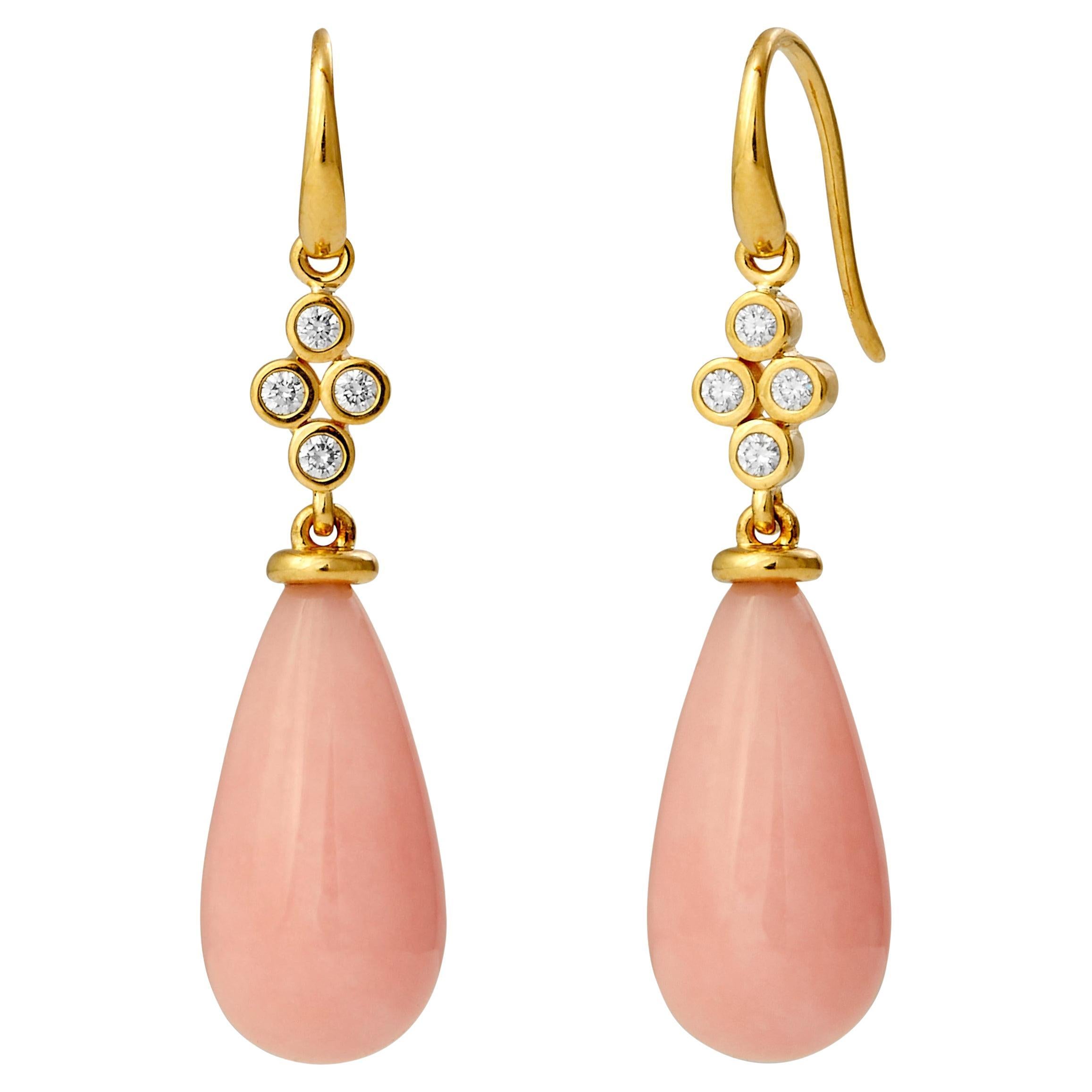 Syna Yellow Gold Limited Edition Pink Opal Drop Earrings with Diamonds For Sale