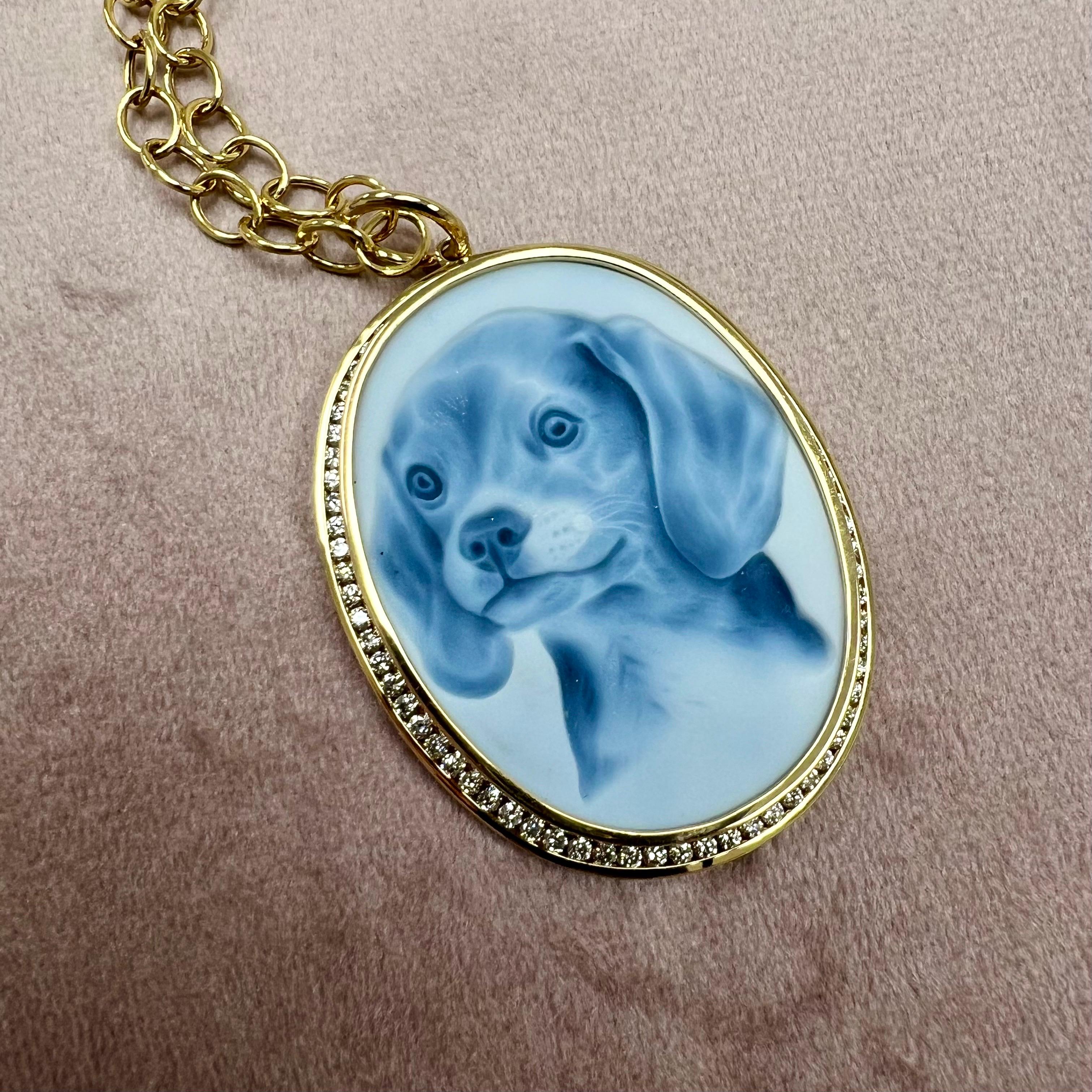 Contemporary Syna Yellow Gold Limited Edition Puppy Cameo Pendant with Diamonds For Sale