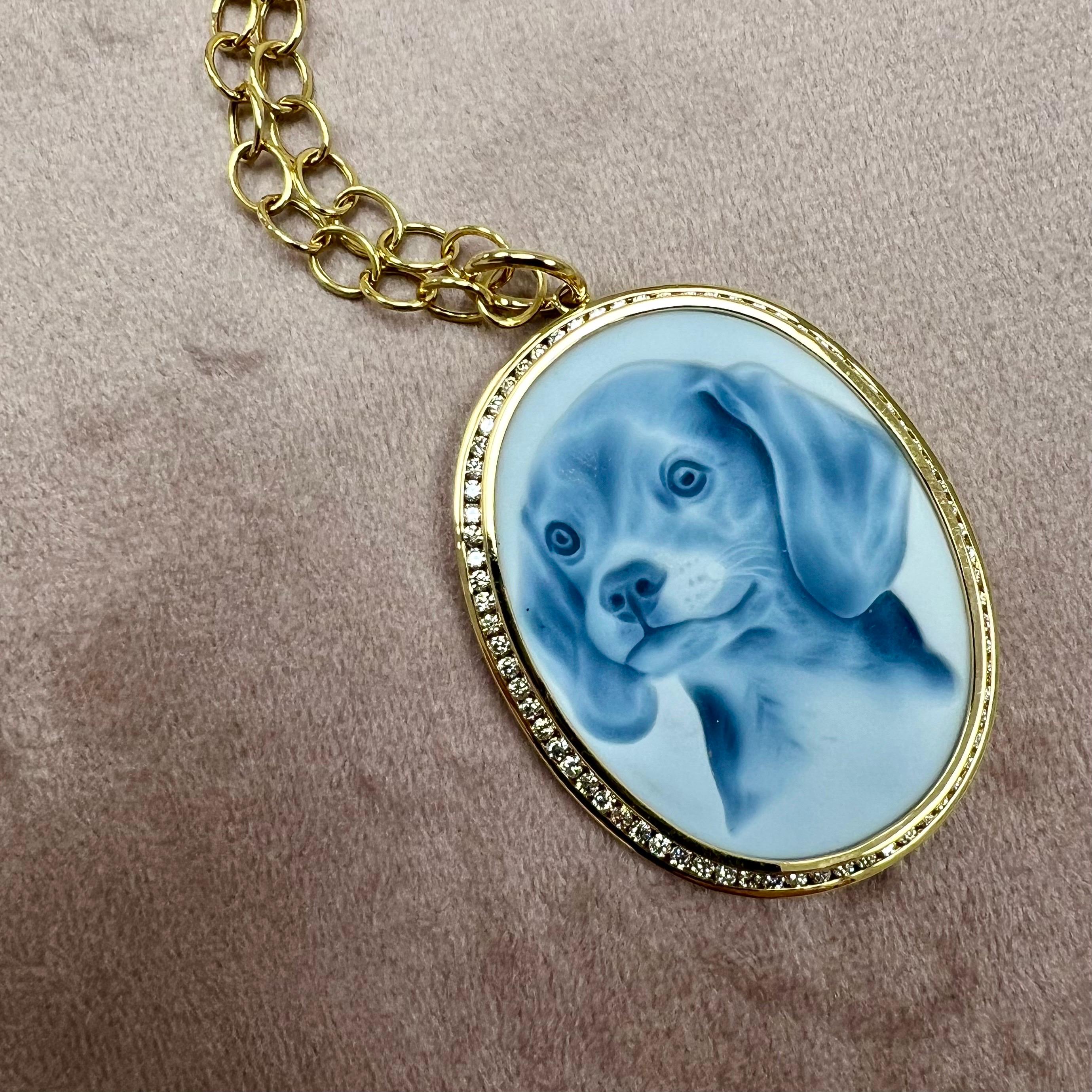 Mixed Cut Syna Yellow Gold Limited Edition Puppy Cameo Pendant with Diamonds For Sale