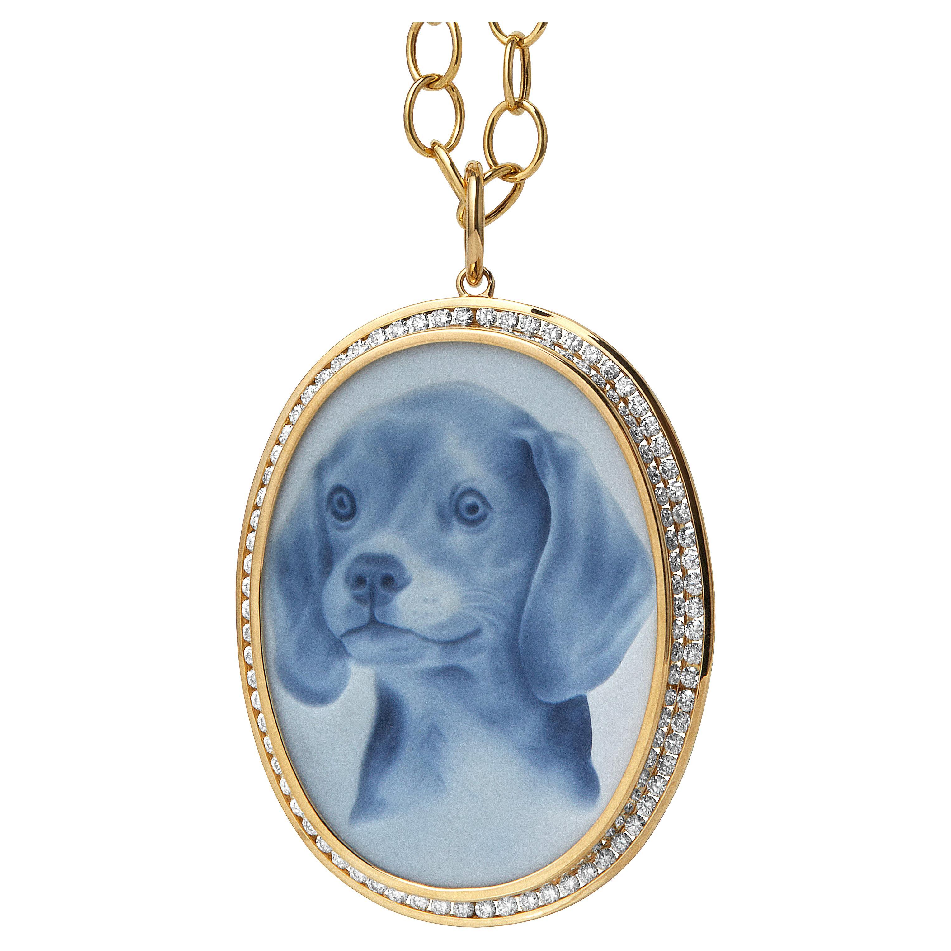 Syna Yellow Gold Limited Edition Puppy Cameo Pendant with Diamonds For Sale