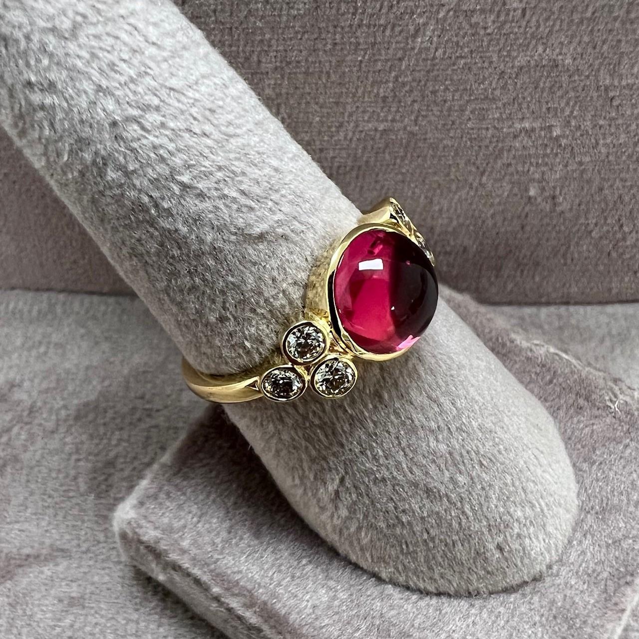 Contemporary Syna Yellow Gold Limited Edition Rubellite Cabochon Ring with Diamonds For Sale