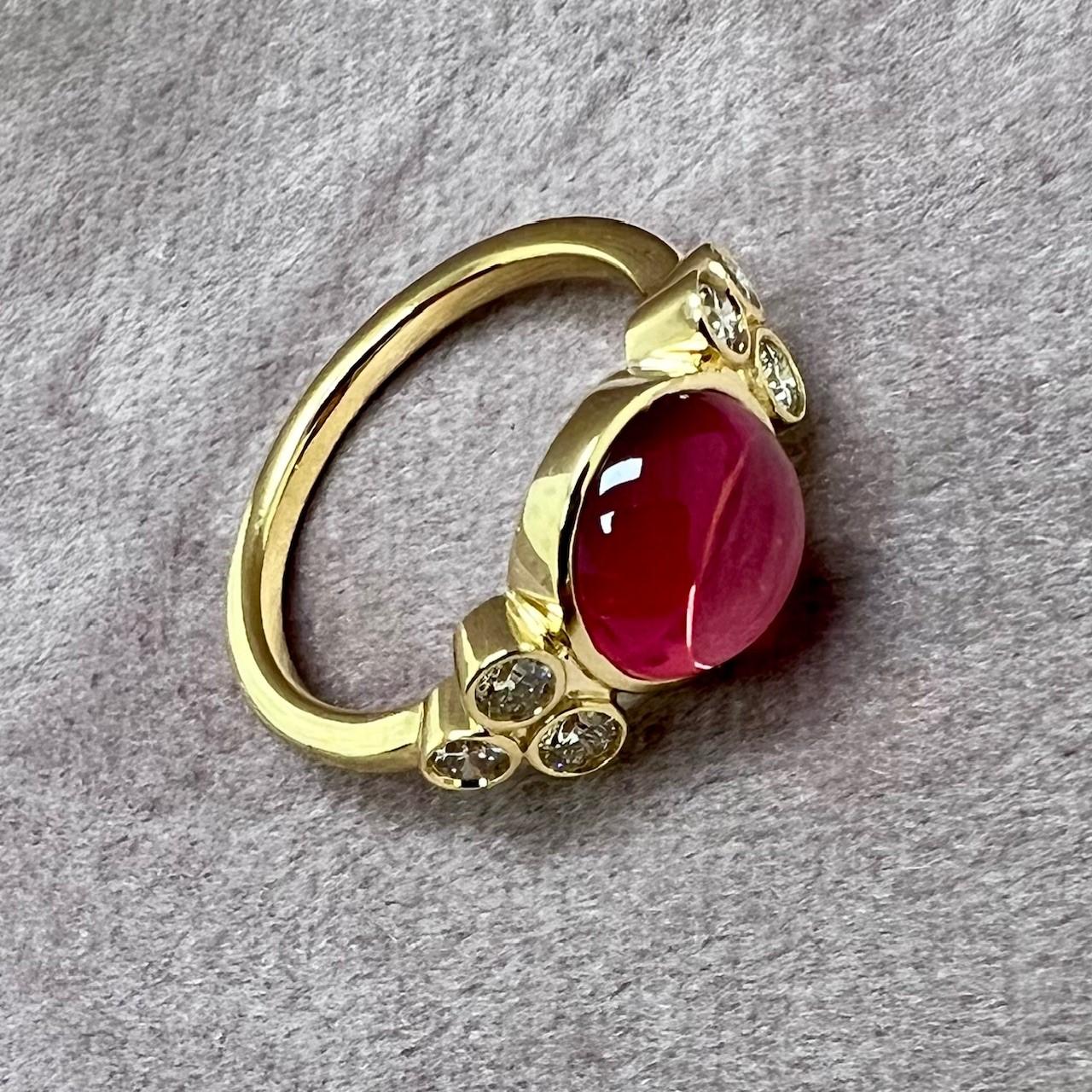 Mixed Cut Syna Yellow Gold Limited Edition Rubellite Cabochon Ring with Diamonds For Sale