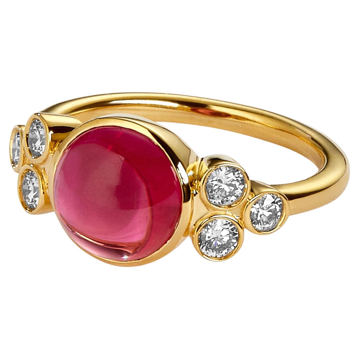Syna Yellow Gold Limited Edition Rubellite Cabochon Ring with Diamonds For Sale