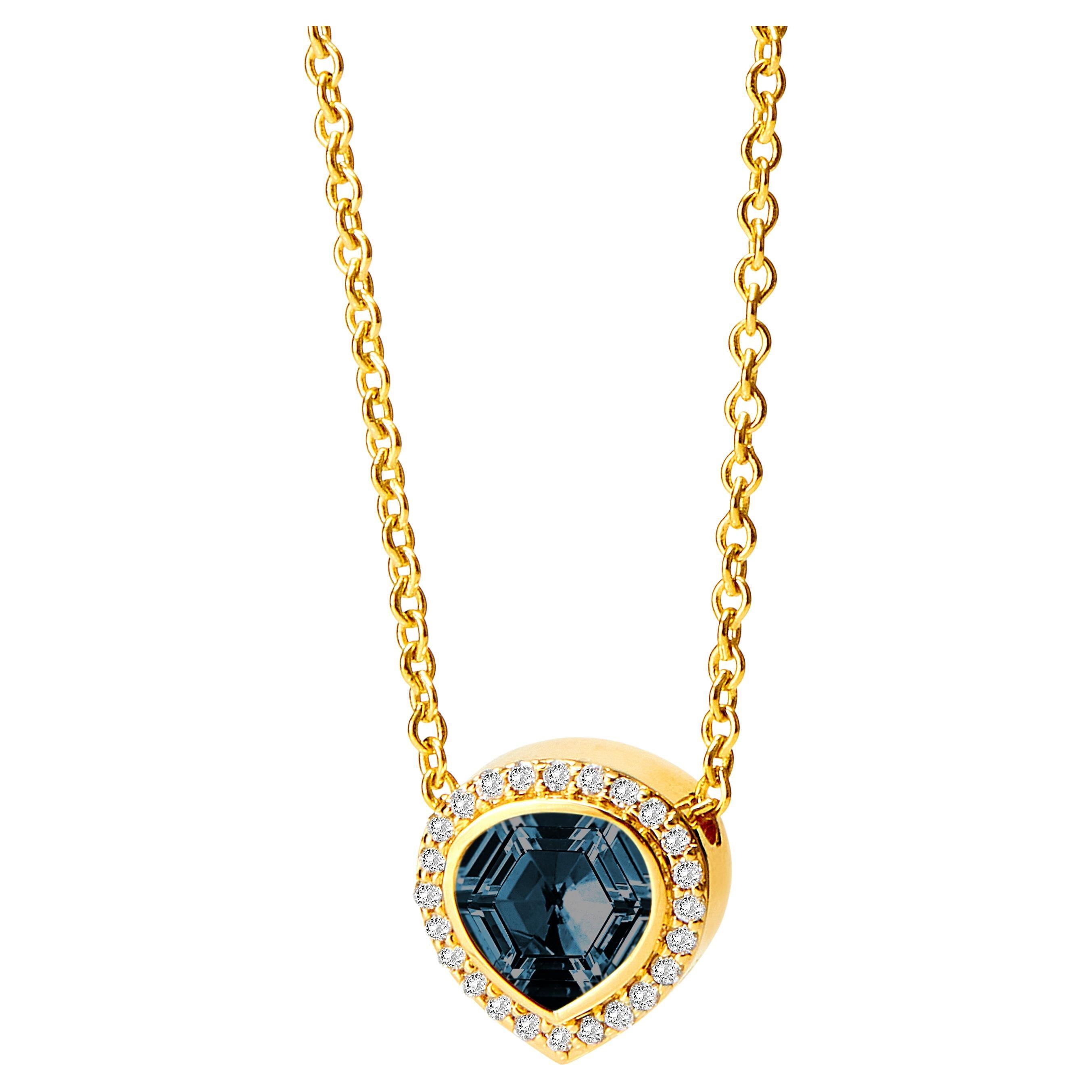 Syna Yellow Gold London Blue Topaz and Diamond Necklace For Sale