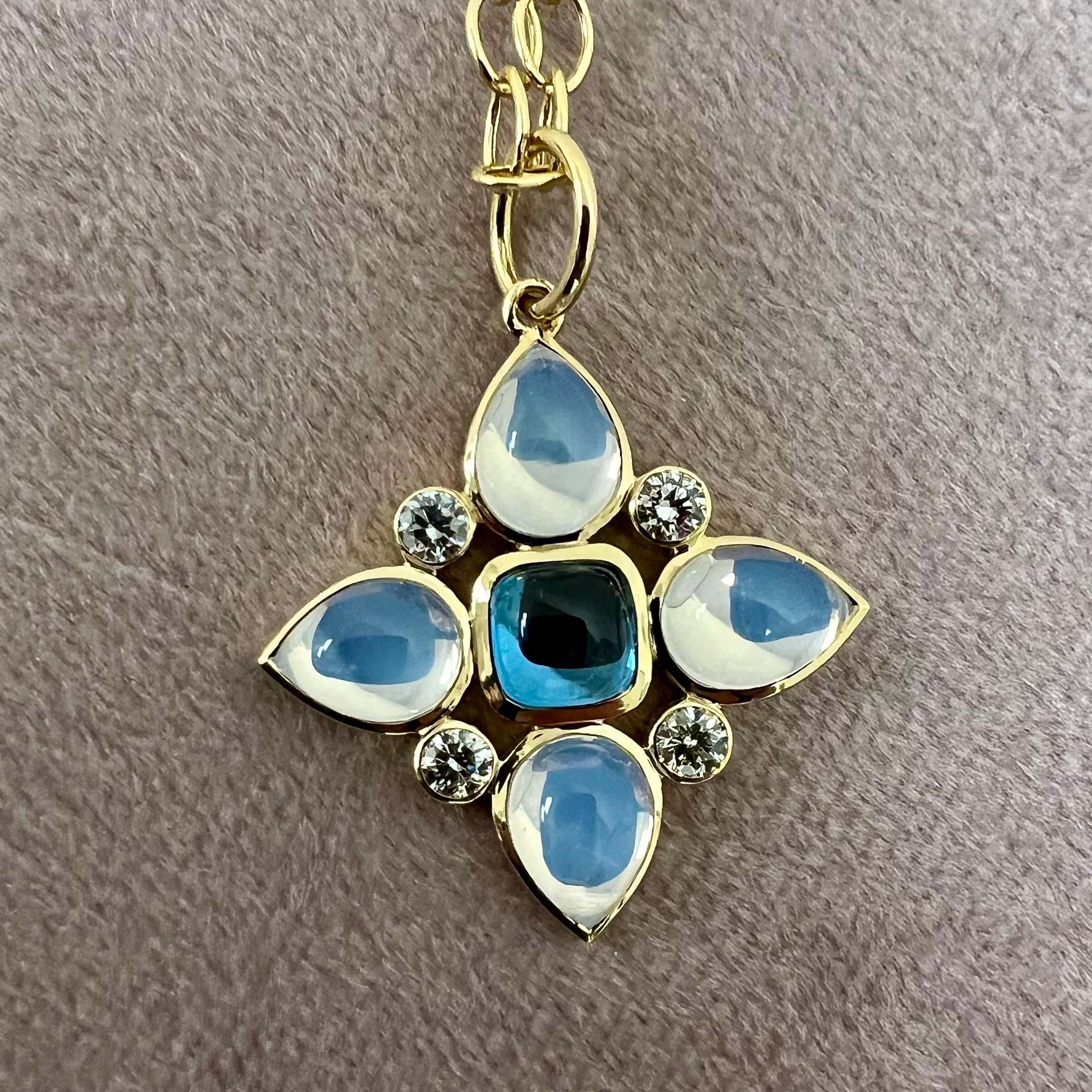 Contemporary Syna Yellow Gold London Blue Topaz and Moon Quartz Flower Pendant with Diamonds