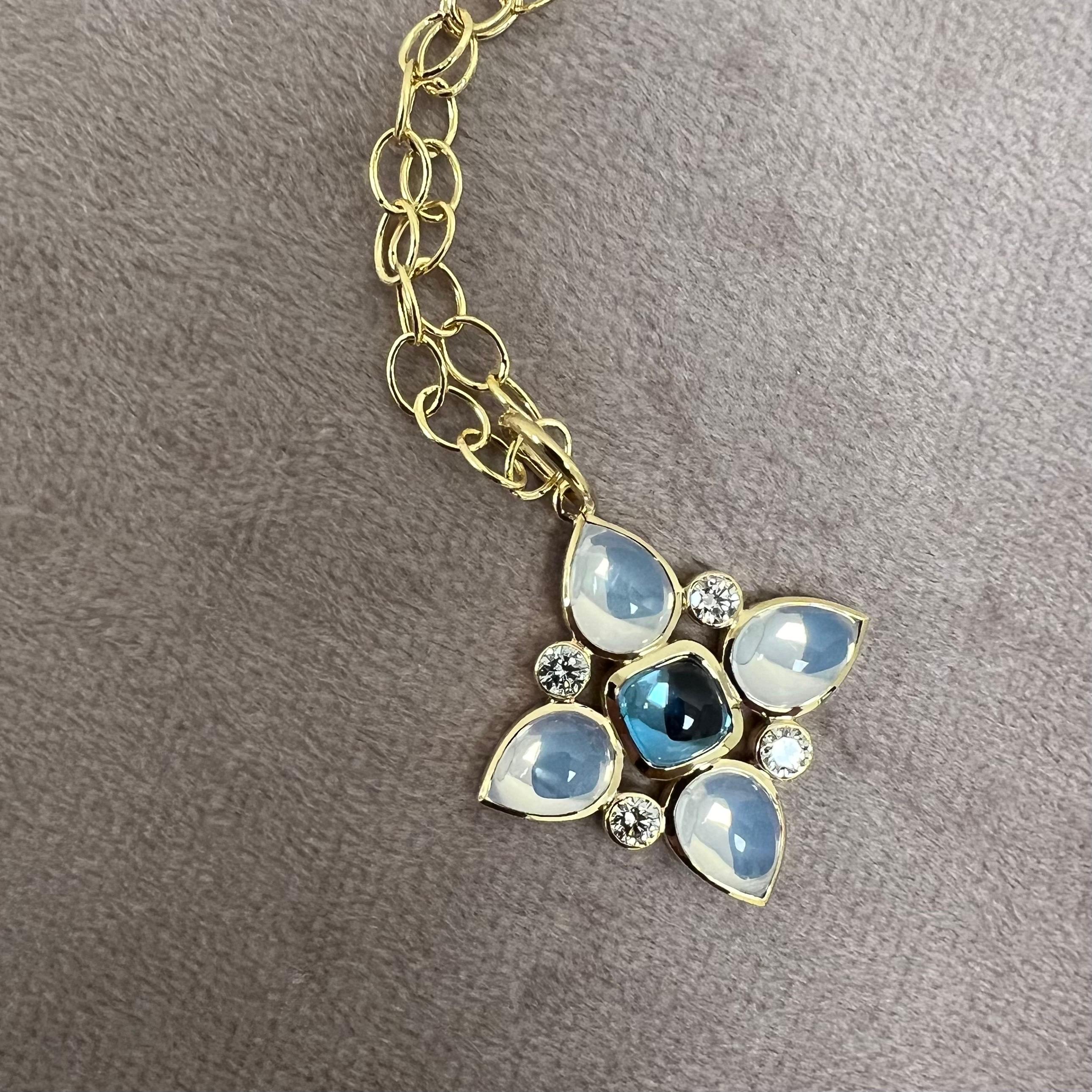 Mixed Cut Syna Yellow Gold London Blue Topaz and Moon Quartz Flower Pendant with Diamonds