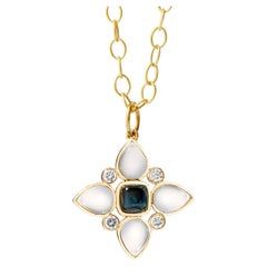 Syna Yellow Gold London Blue Topaz and Moon Quartz Flower Pendant with Diamonds