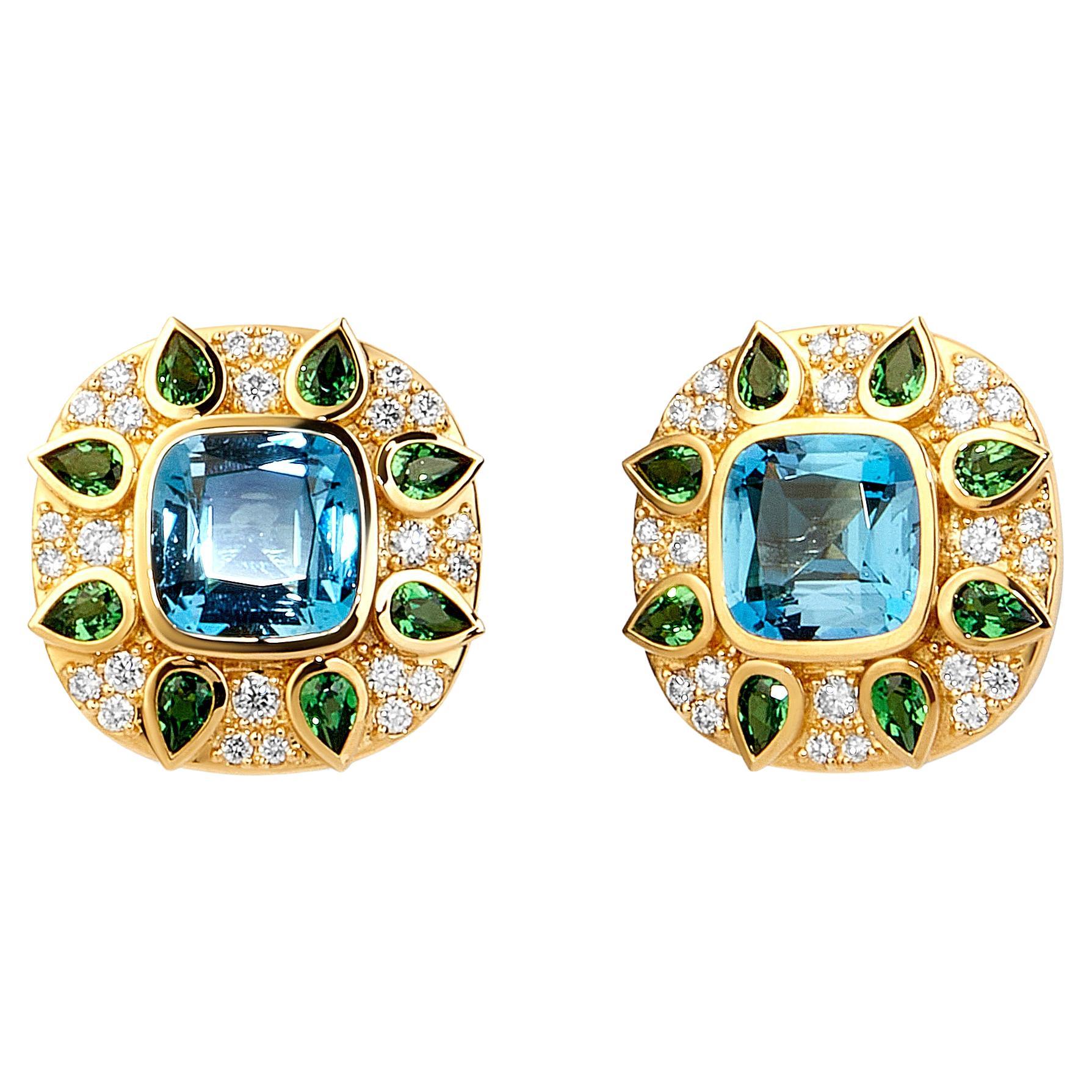 Syna Yellow Gold London Blue Topaz and Tsavorites Earrings with Diamonds