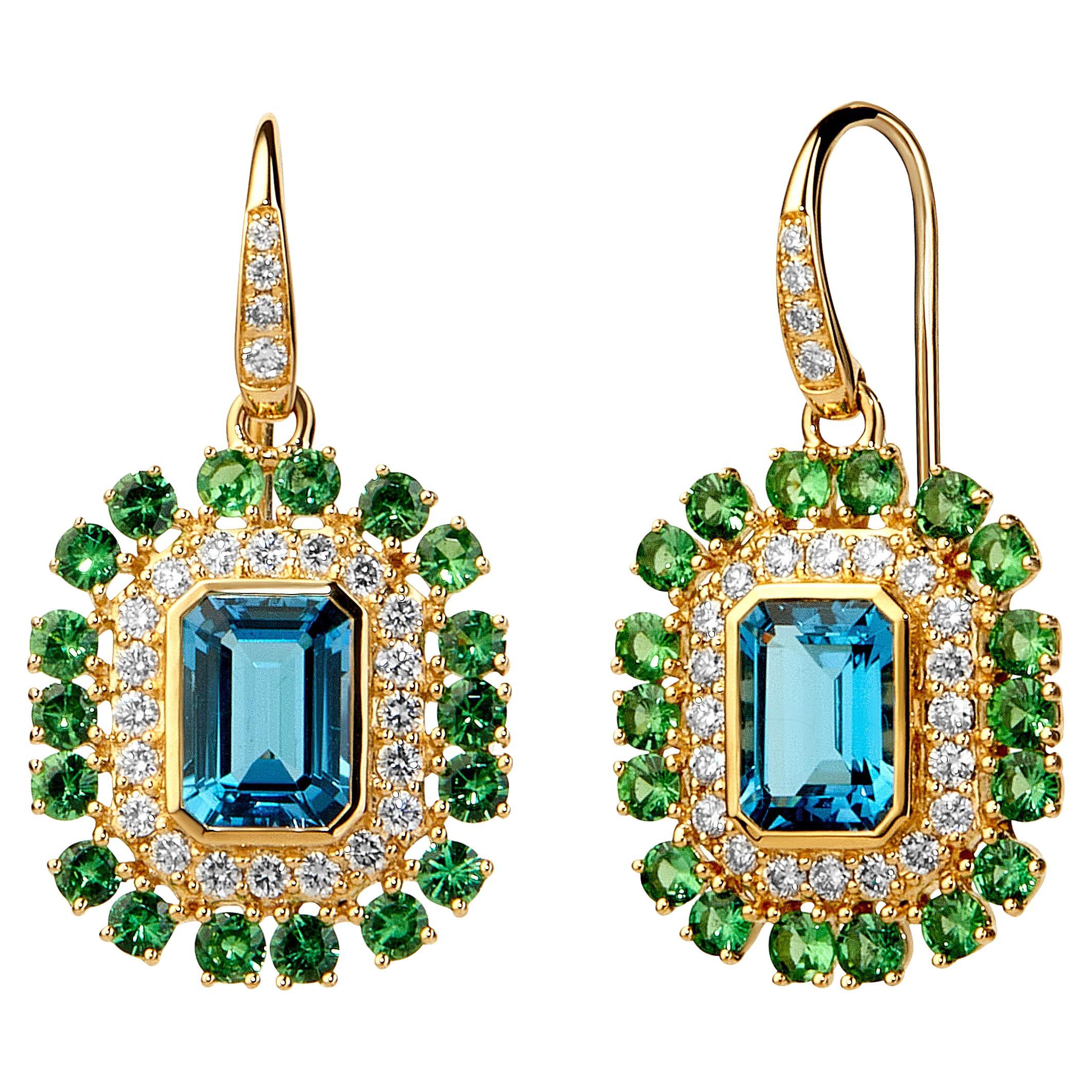 Syna Yellow Gold London Blue Topaz and Tsavorites Earrings with Diamonds
