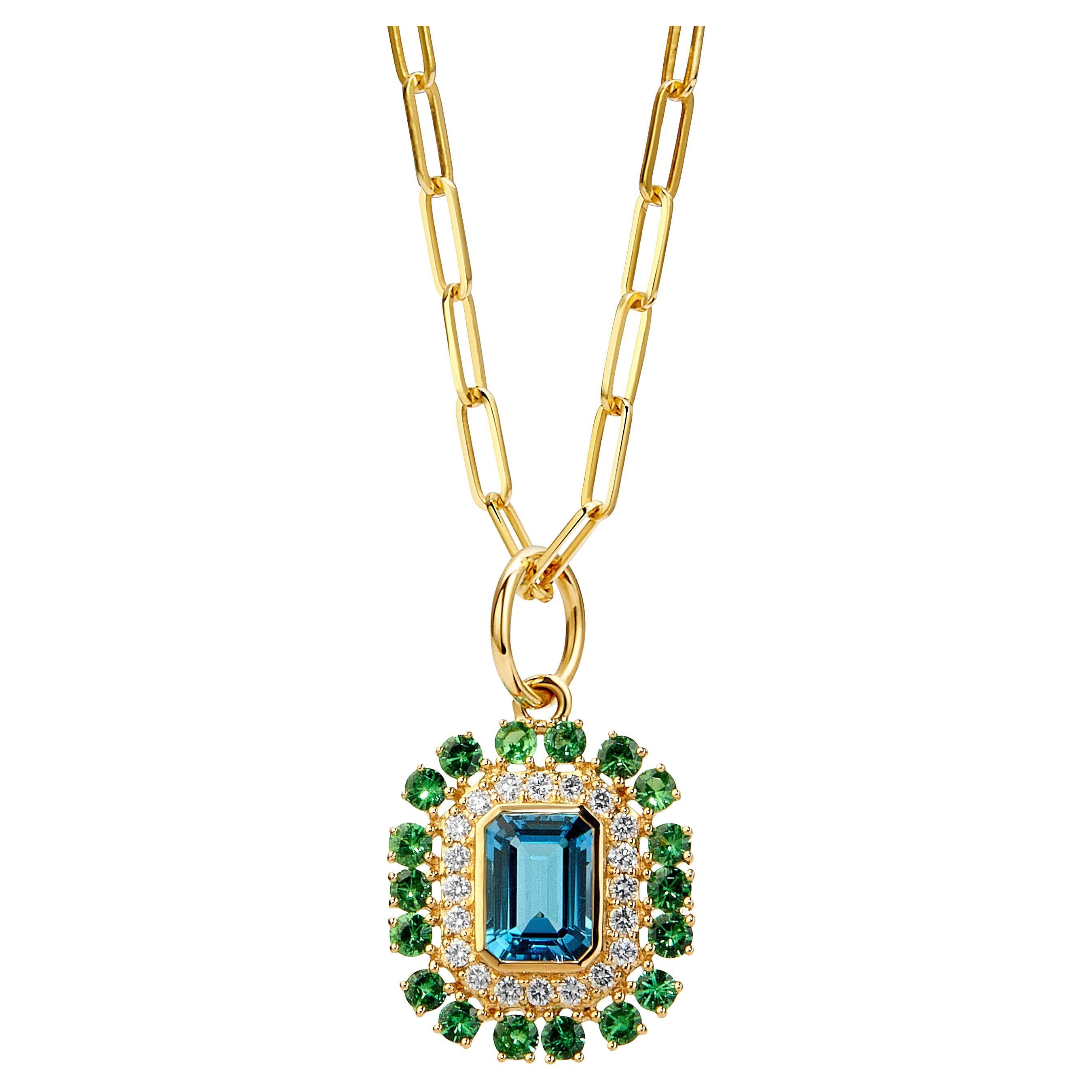Syna Yellow Gold London Blue Topaz and Tsavorites Pendant with Diamonds