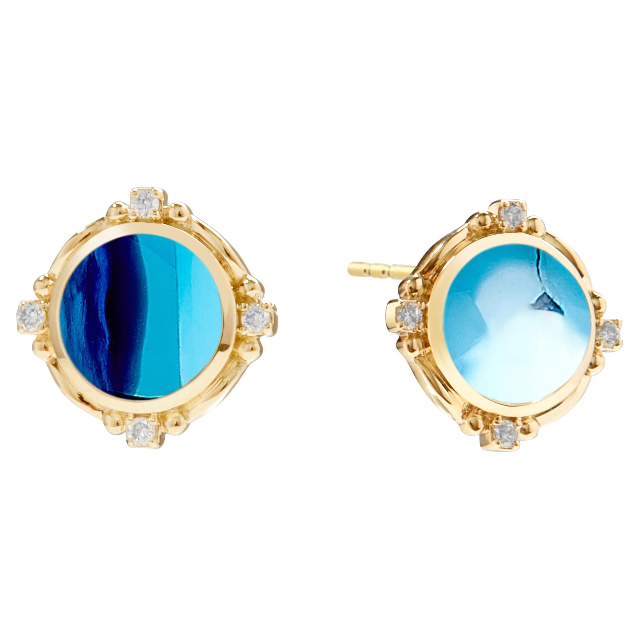 Syna Yellow Gold London Blue Topaz Earrings with Diamonds For Sale