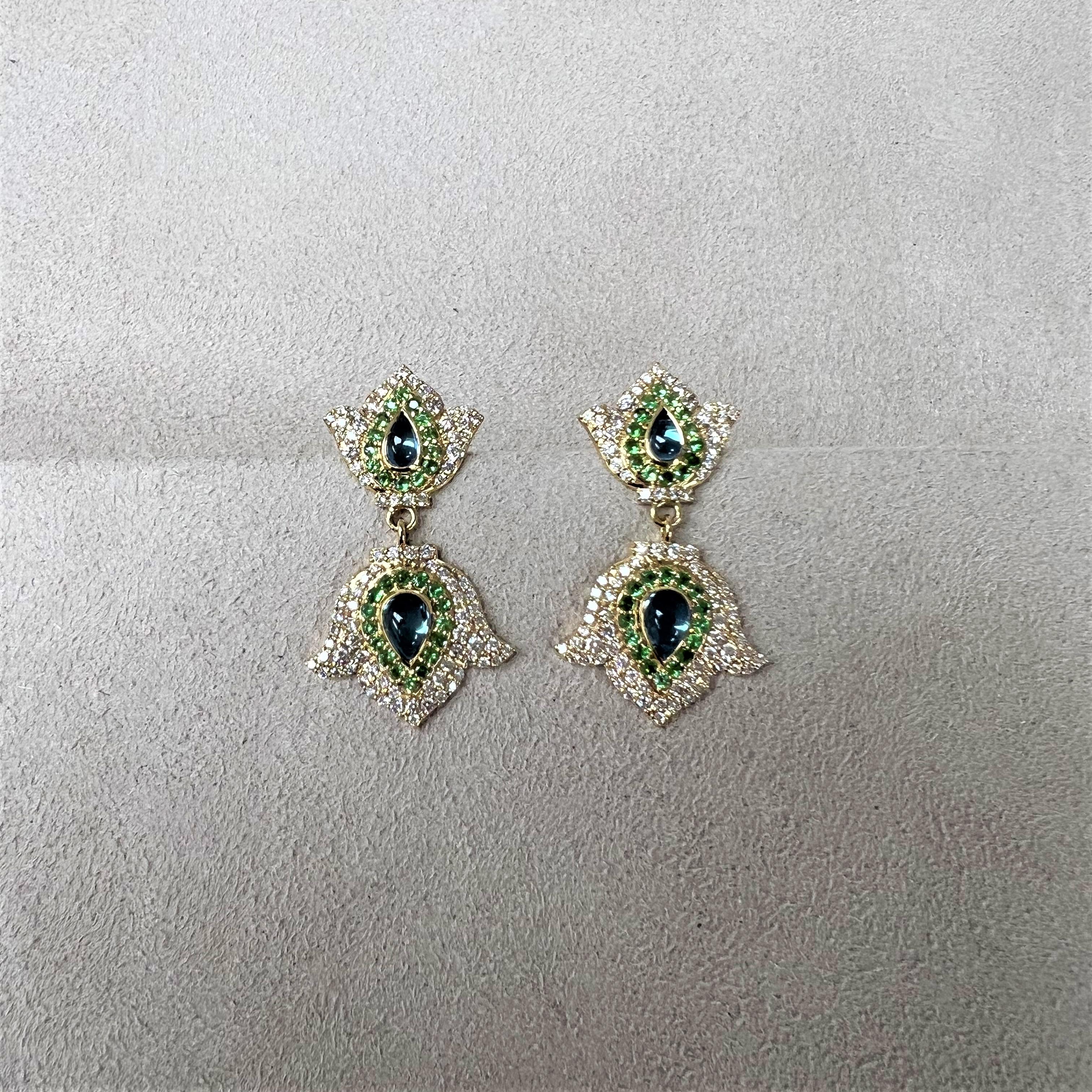 Contemporary Syna Yellow Gold London Blue Topaz Earrings with Tsavorites and Diamonds For Sale