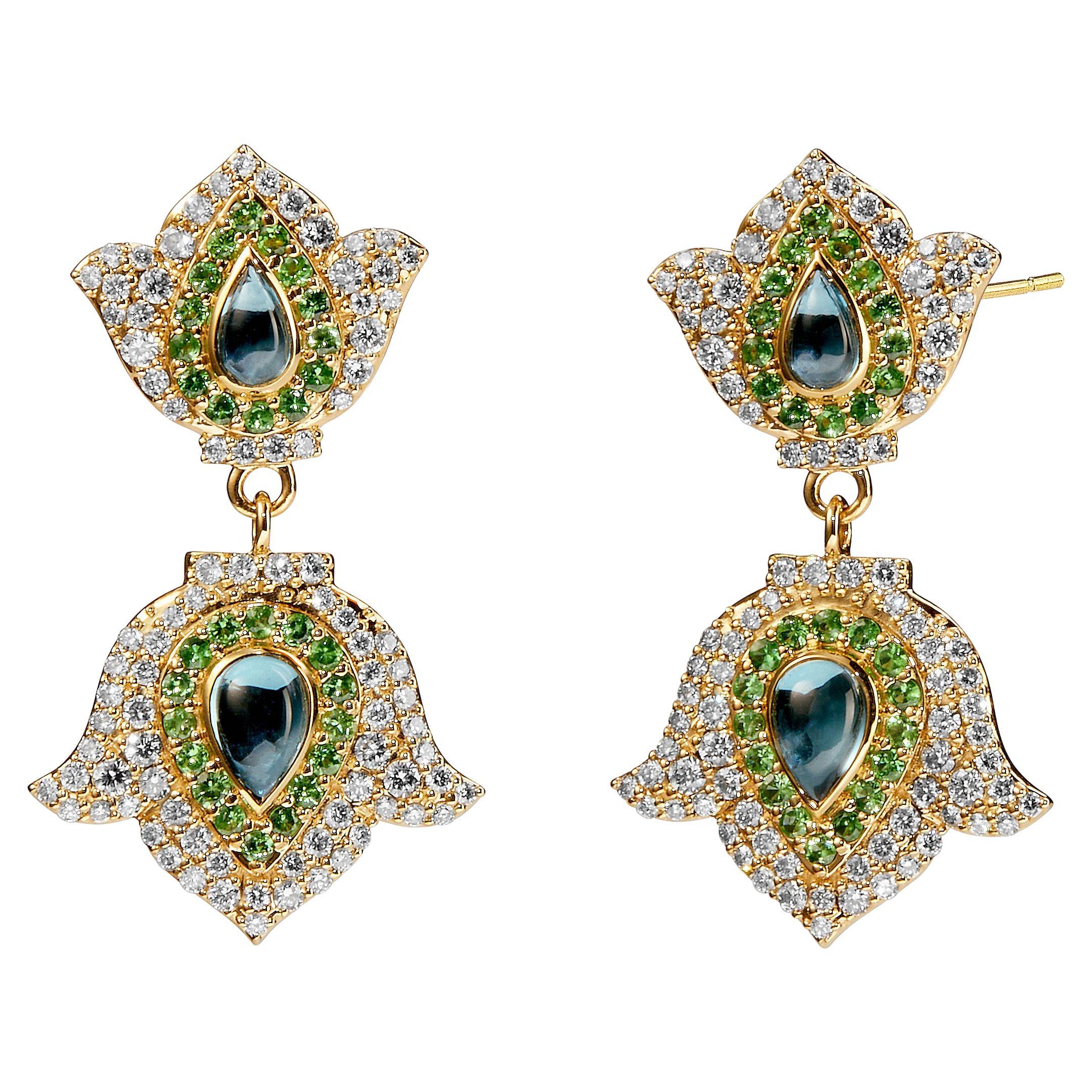 Syna Yellow Gold London Blue Topaz Earrings with Tsavorites and Diamonds For Sale