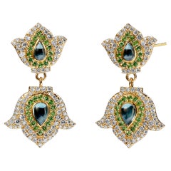 Syna Gelbgold London Blauer Topas-Ohrringe mit Tsavorit und Diamanten