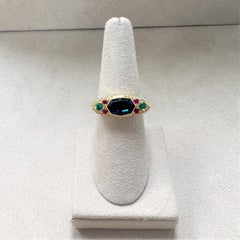 Syna Yellow Gold London Blue Topaz, Emeralds, Rubies and Diamond Ring