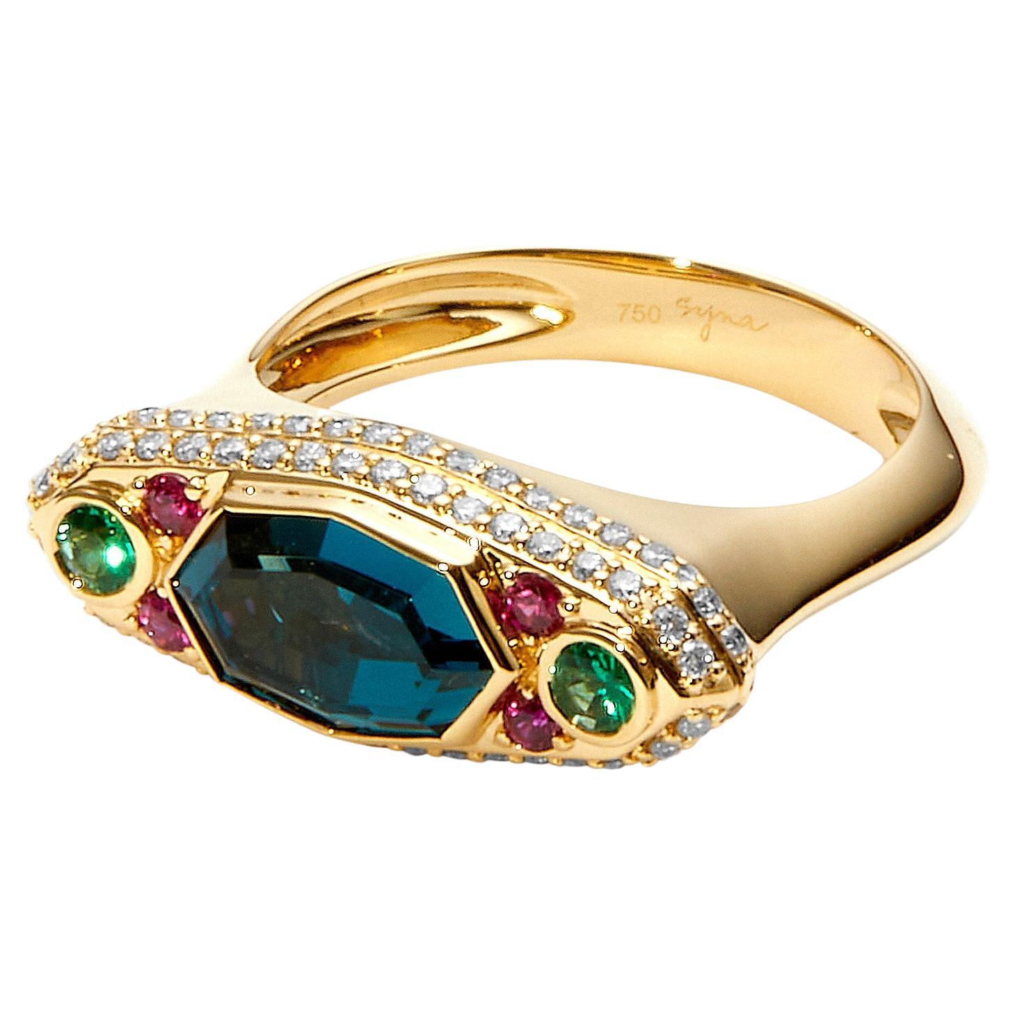 Syna Yellow Gold London Blue Topaz, Emeralds, Rubies and Diamond Ring For Sale